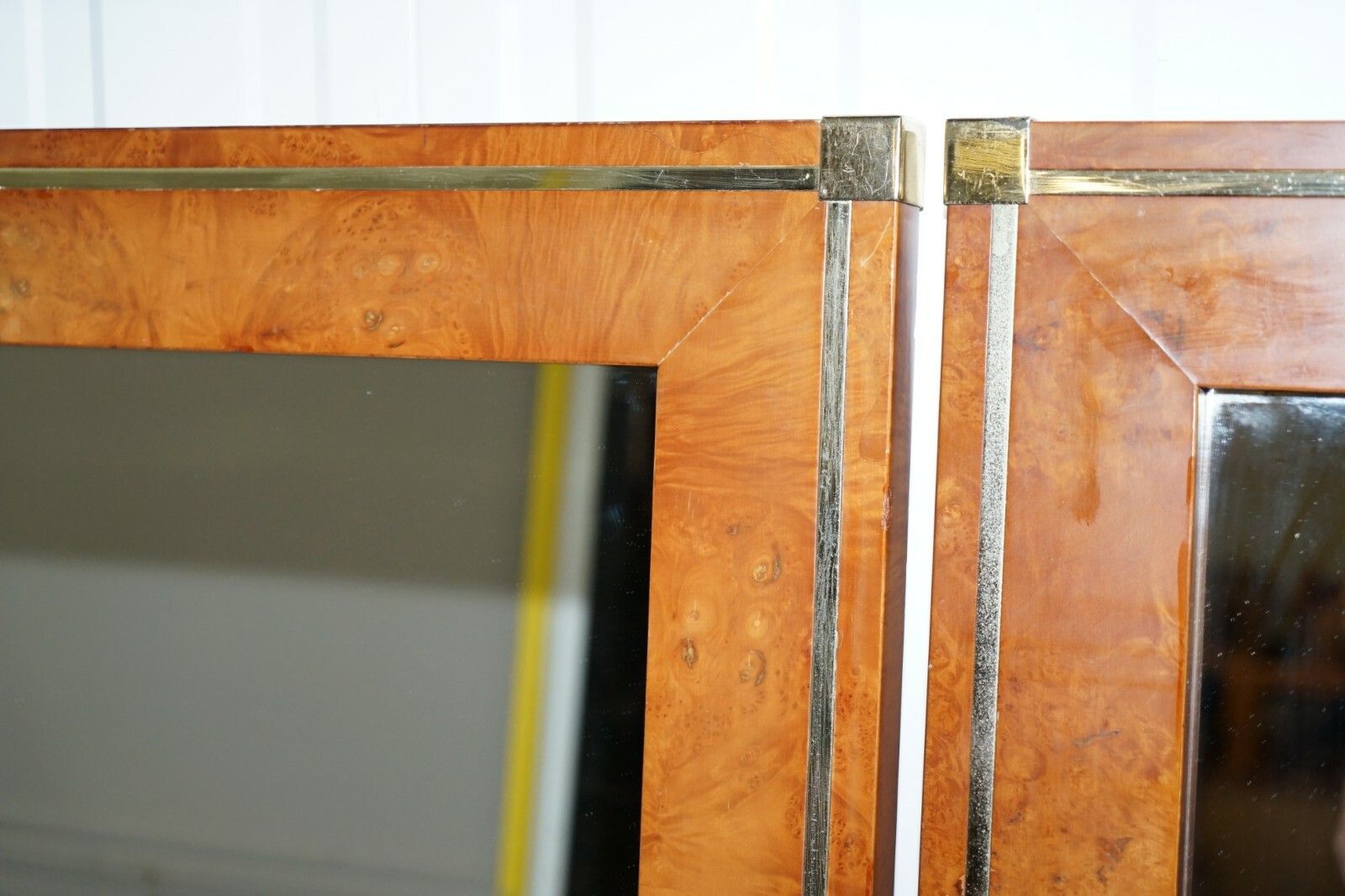 Matching Pair Of Mid Century Burr Walnut & Gold Plated Renato Zevi Wall Mirrors photo for sale