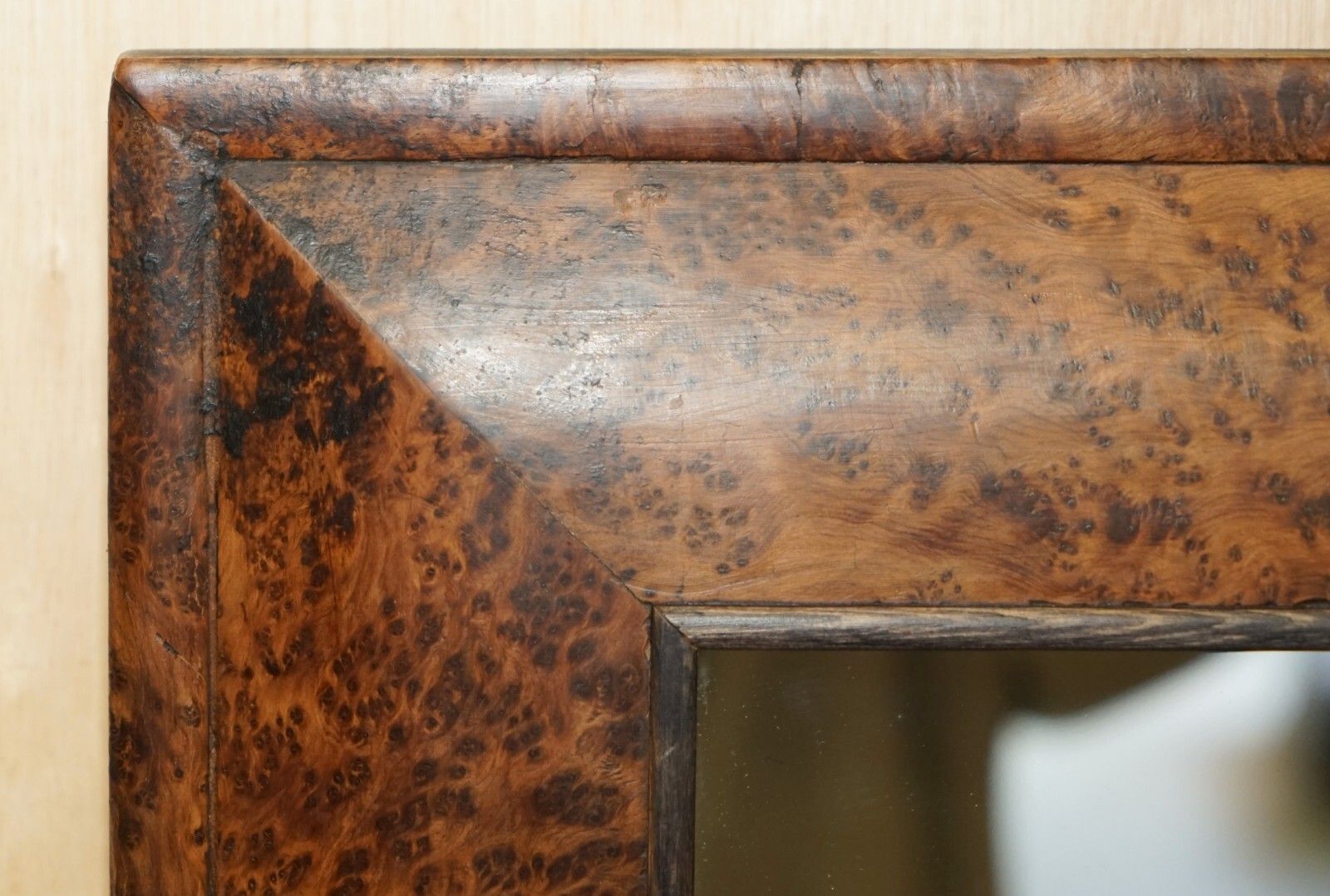 Antique Georgian Heavily Burr Burl Amboyna Cushion Framed Mirror Paneled Back photo for sale