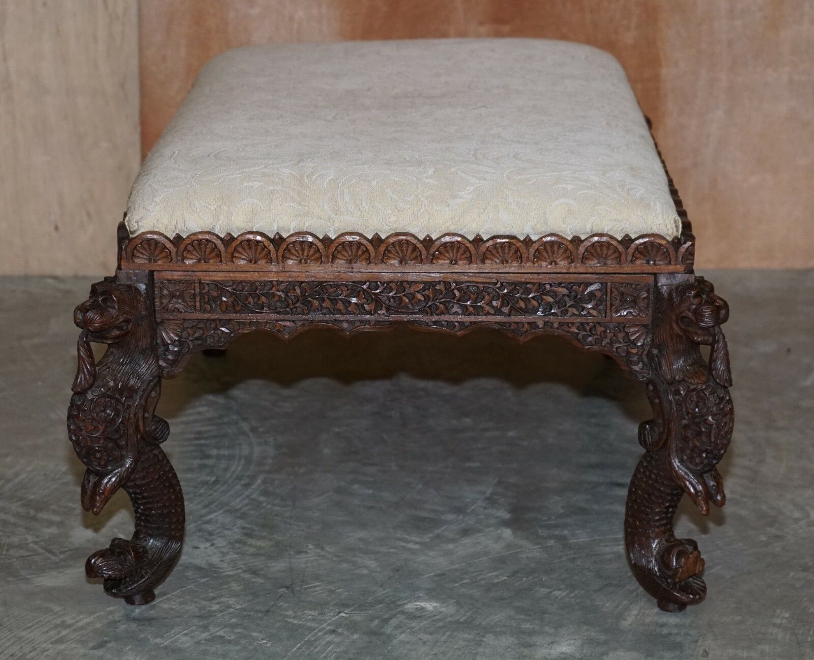 photo for sale Fine Circa 1880 Antique Victorian Anglo Indian Burmese Carved Footstool Ottoman