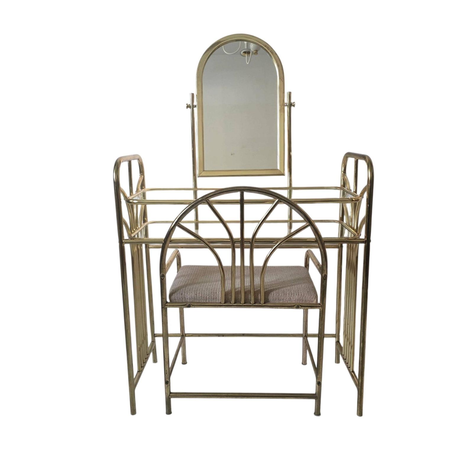 Vintage Hollywood Regency Dressing Table Set Modern Chrome And Glass Table With Mirror And Stool photo for sale