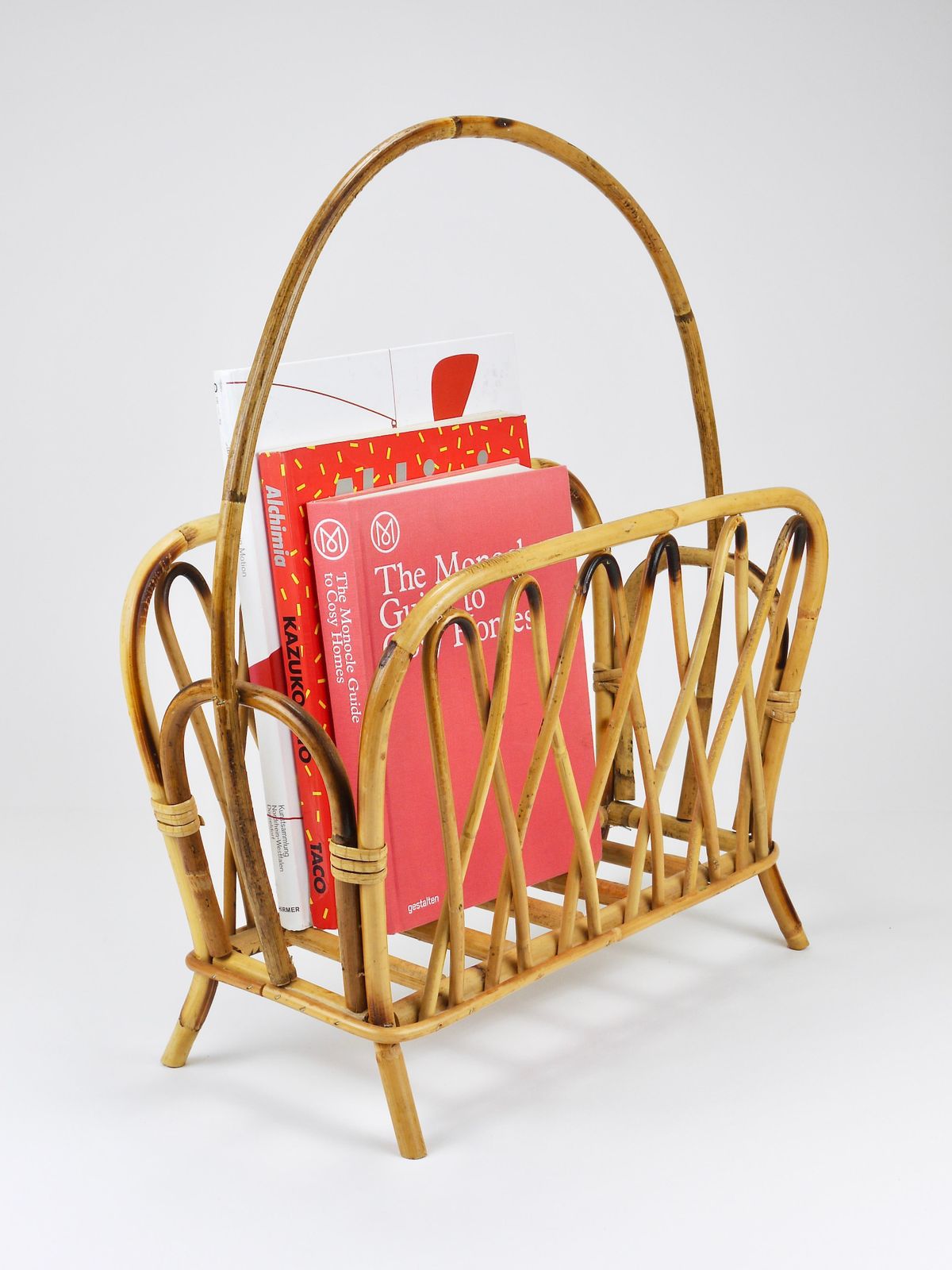 Franco Albini Style Rattan Bamboo Magazine Rack Newspaper Stand, Italy, 1970s photo for sale