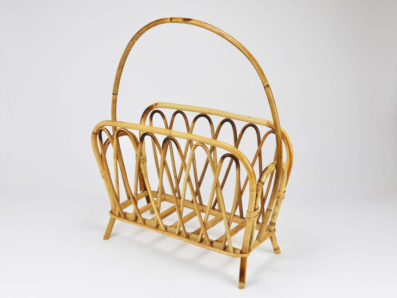 photo vinterior Franco Albini Style Rattan Bamboo Magazine Rack Newspaper Stand, Italy, 1970s