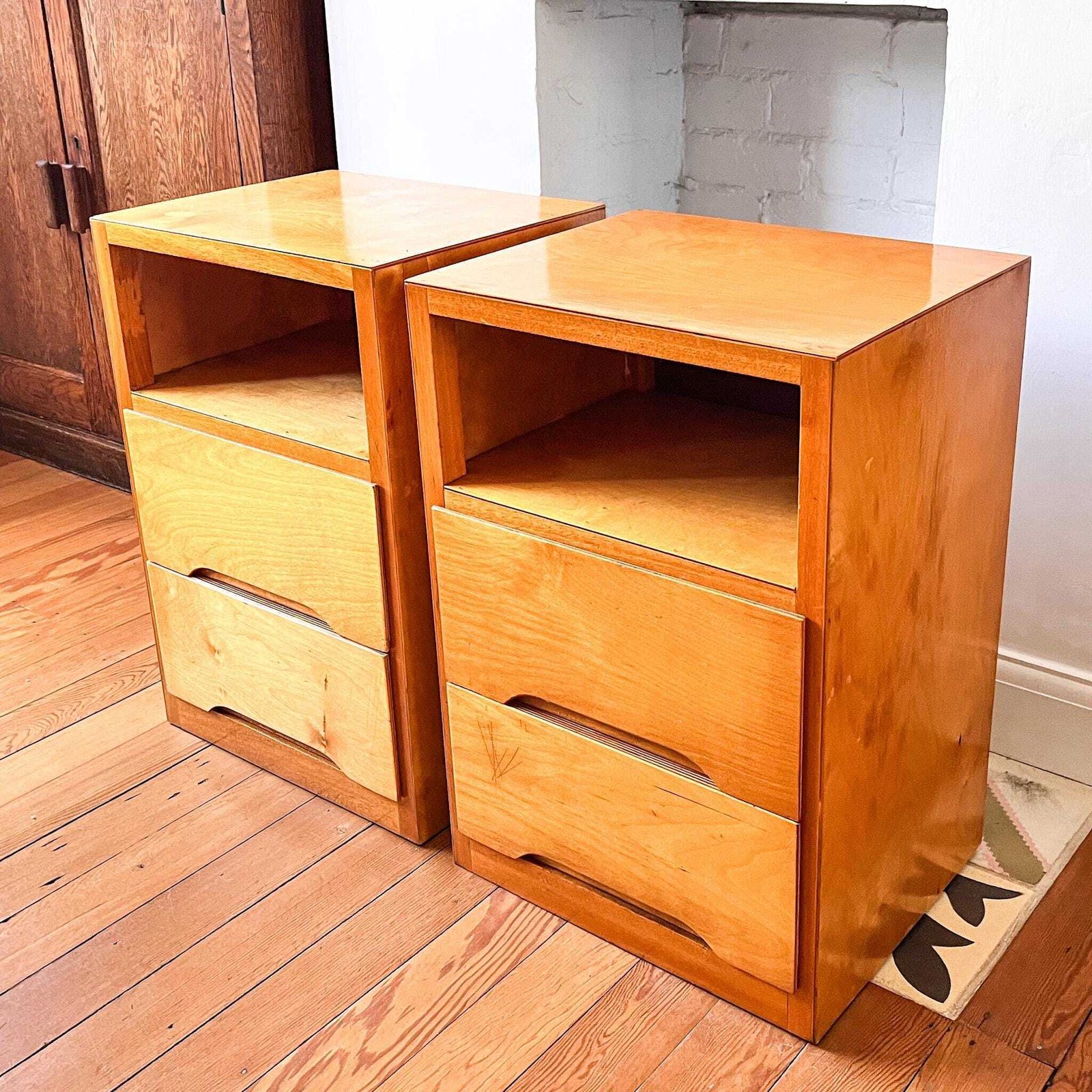 A Pair Of Mid Century Plywood Bedside Tables photo for sale