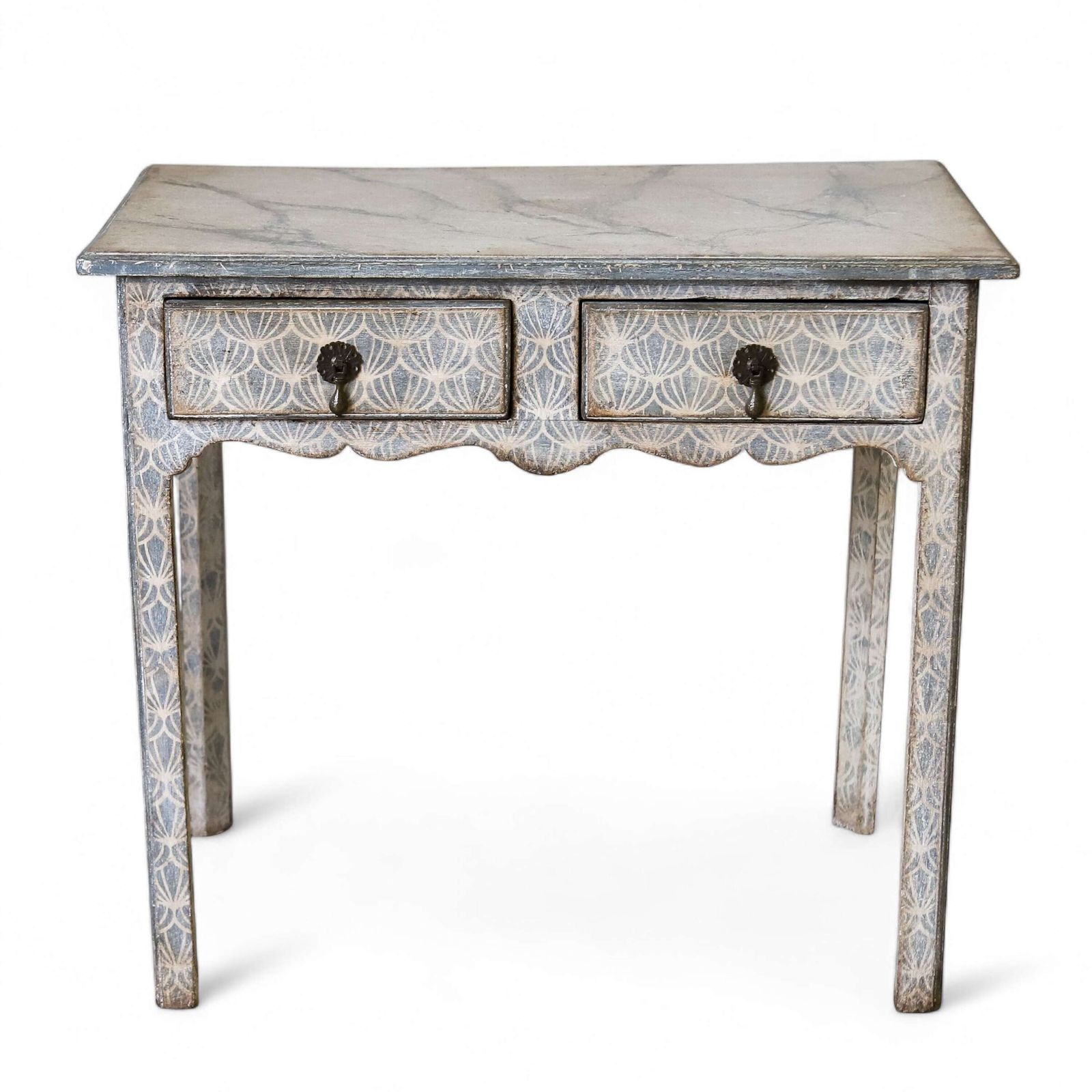 Antique English Georgian 2 Drawer Lowboy Unique Hand Painted Faux Marble & Decorative Base