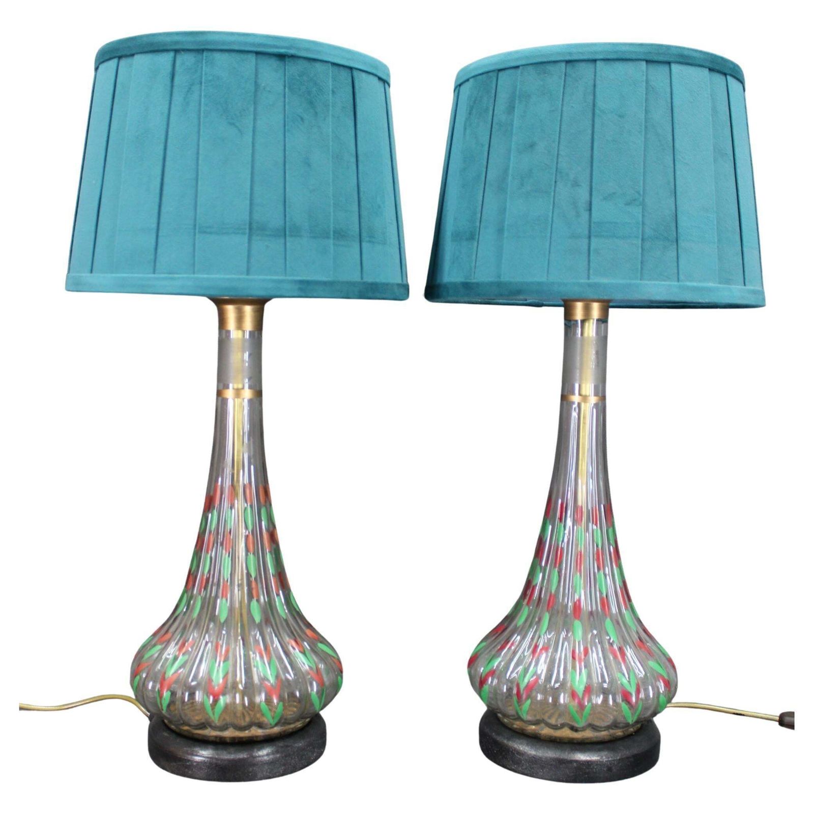 1960s Pair Of Hand Painted Glass Table Lamps With New Fabric Shade, Czechoslovak