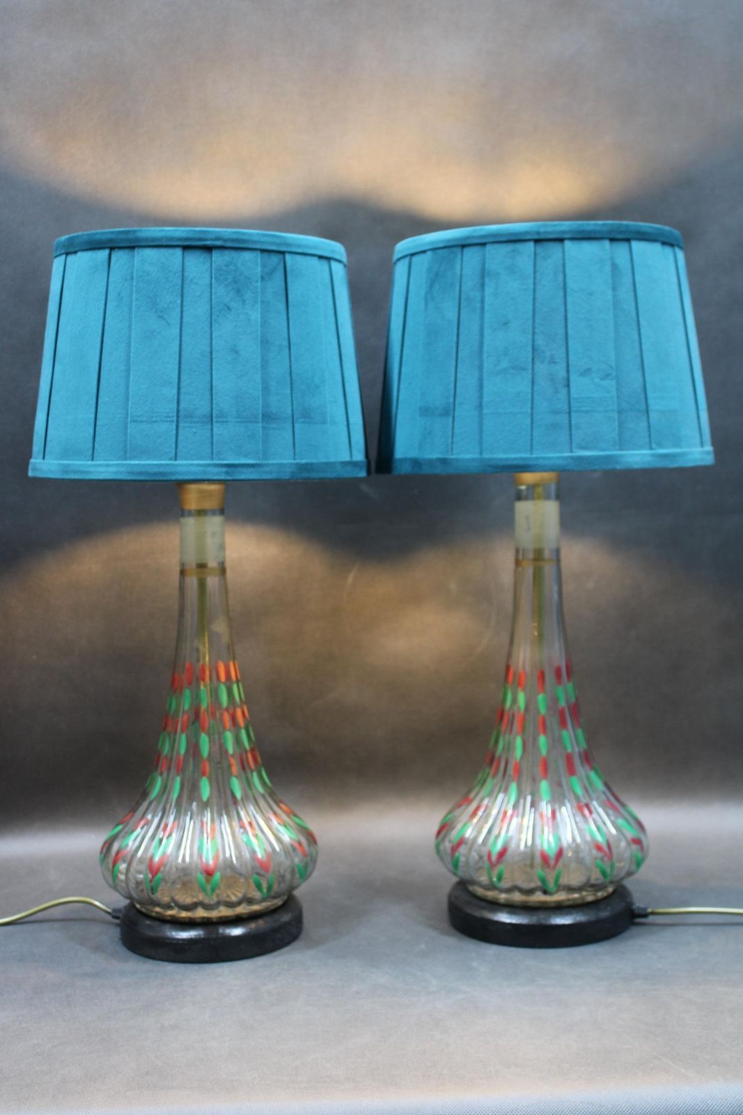photo vinterior 1960s Pair Of Hand Painted Glass Table Lamps With New Fabric Shade, Czechoslovak