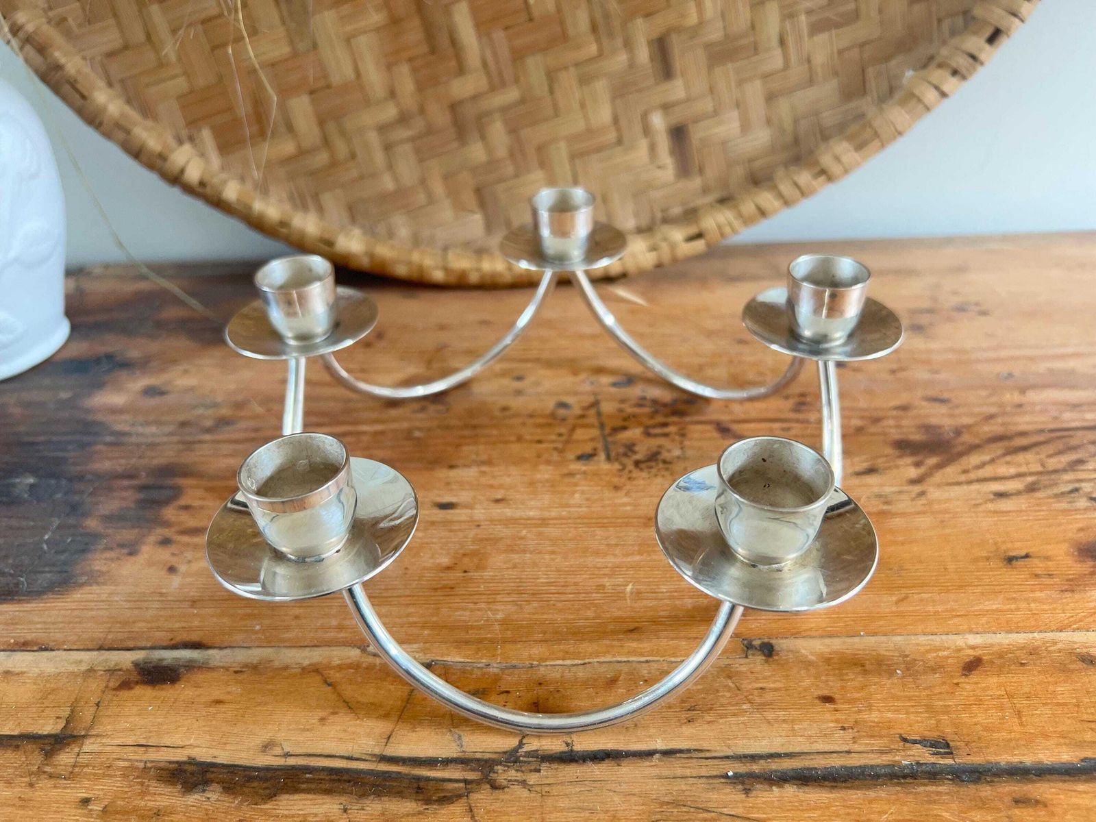 Vintage Mid Century Modern Silver Plated Candle Holder, Denmark, Berg Of Denmark Candelabra photo for sale