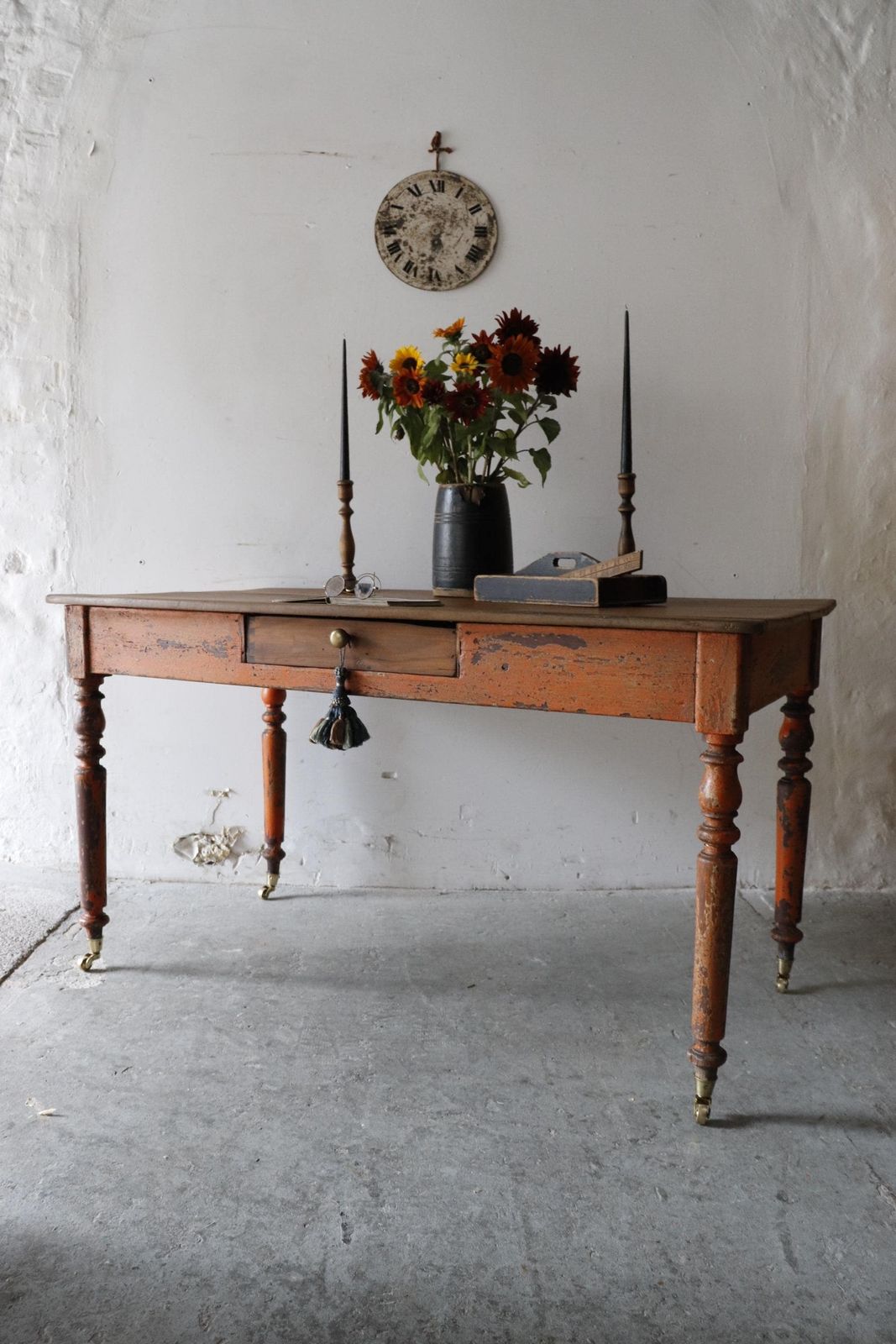 Striking French Refectory Table Or Large Desk On Castors With Original Paint photo vintage