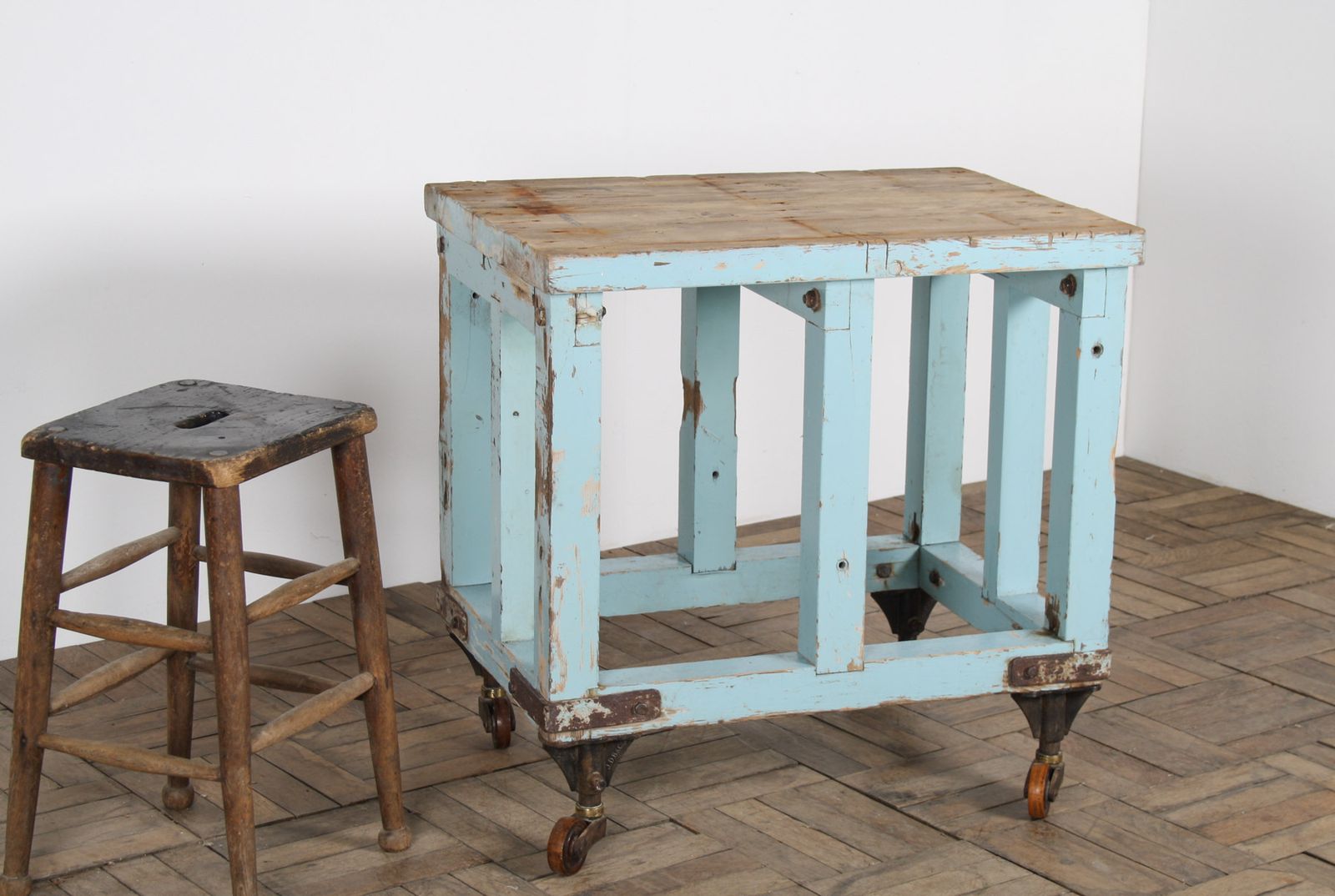 Small Rustic Patina Duck Egg Blue Industrial Bakery Worktop Table photo furniture