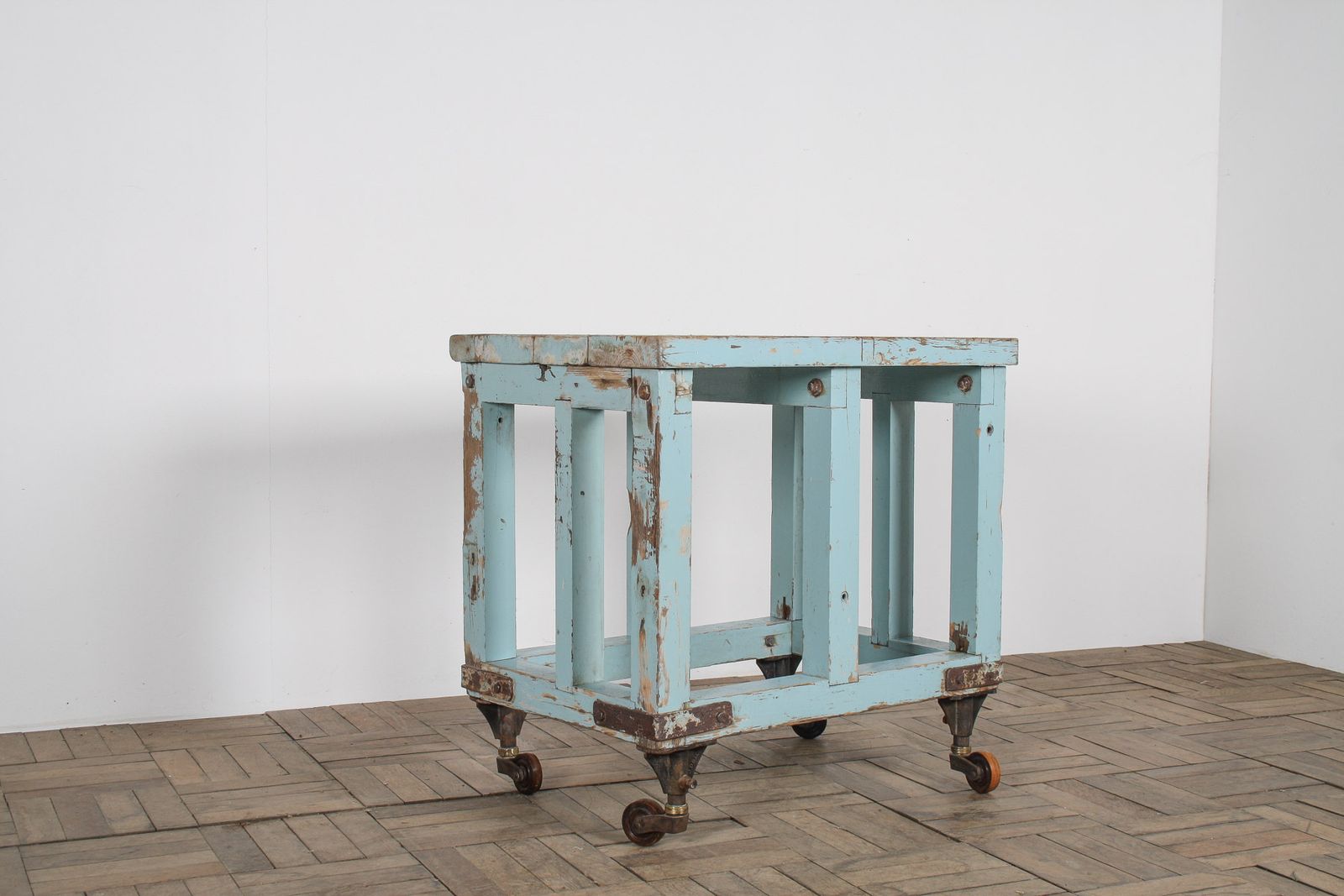 Small Rustic Patina Duck Egg Blue Industrial Bakery Worktop Table photo vintage