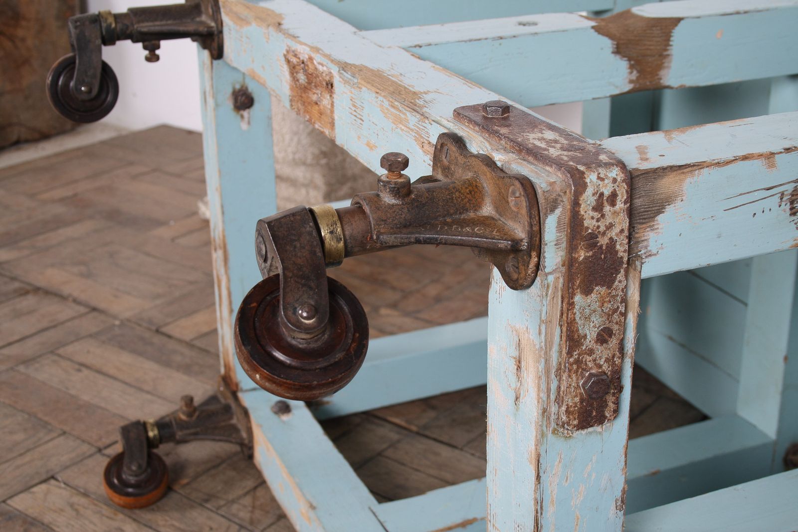 photo for sale Small Rustic Patina Duck Egg Blue Industrial Bakery Worktop Table