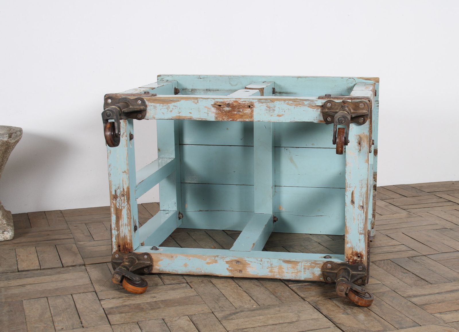 995.0 Small Rustic Patina Duck Egg Blue Industrial Bakery Worktop Table photo