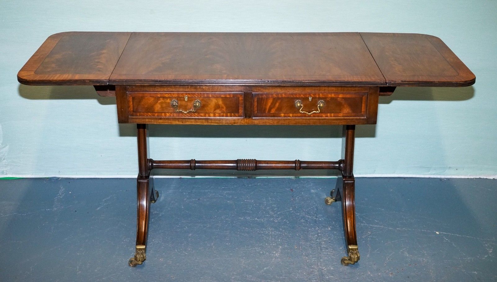 Vintage Hardwood Drop Leaf Side Table With Saber Legs And Brass Paw Feet photo Furniture