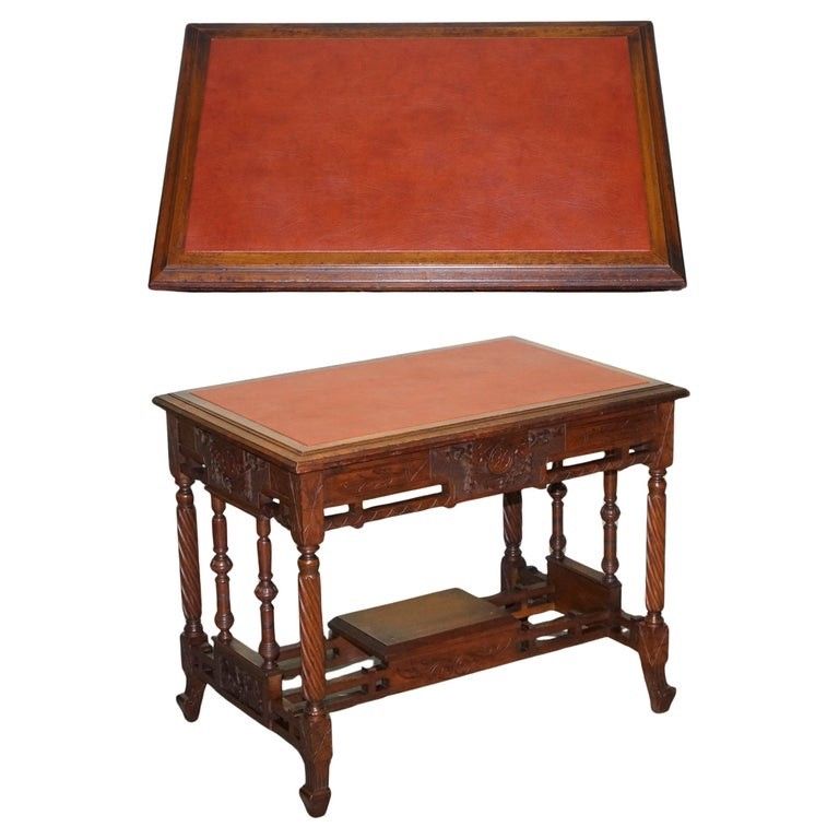 Late 19th Century Continental Carved Walnut Writing Table Leather Inlay Top
