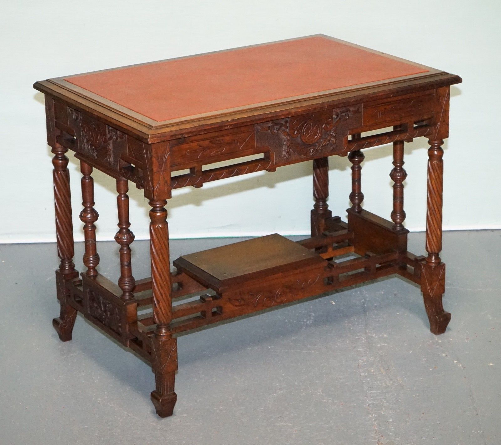 Late 19th Century Continental Carved Walnut Writing Table Leather Inlay Top photo furniture