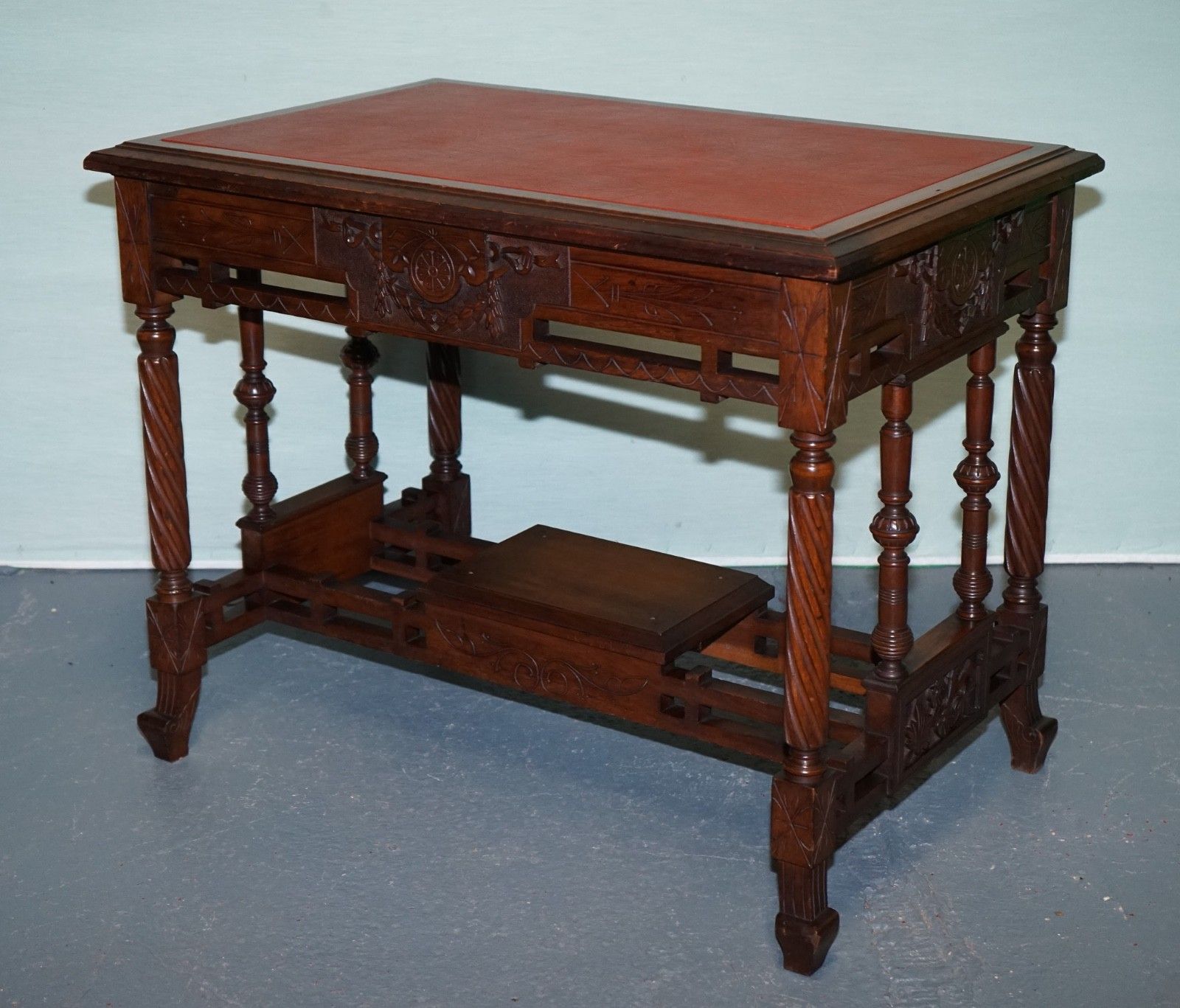 Late 19th Century Continental Carved Walnut Writing Table Leather Inlay Top photo for sale