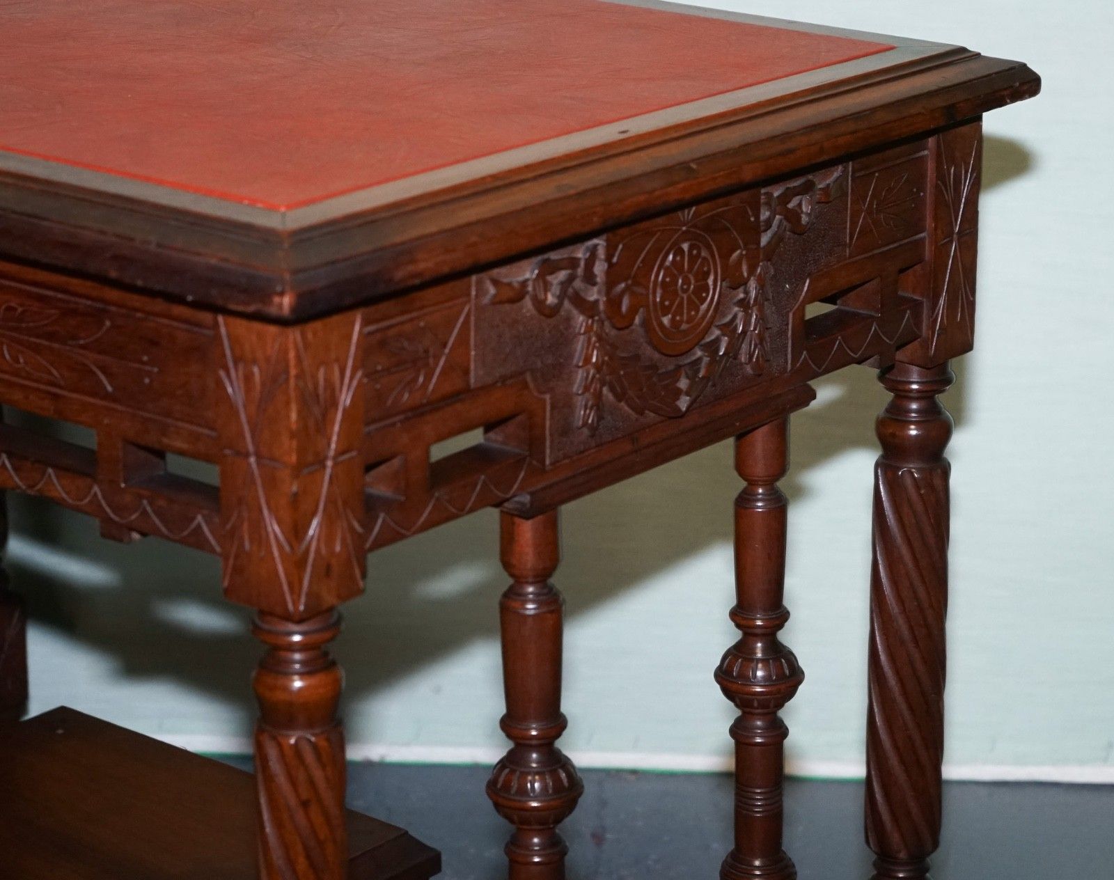 Late 19th Century Continental Carved Walnut Writing Table Leather Inlay Top photo Furniture
