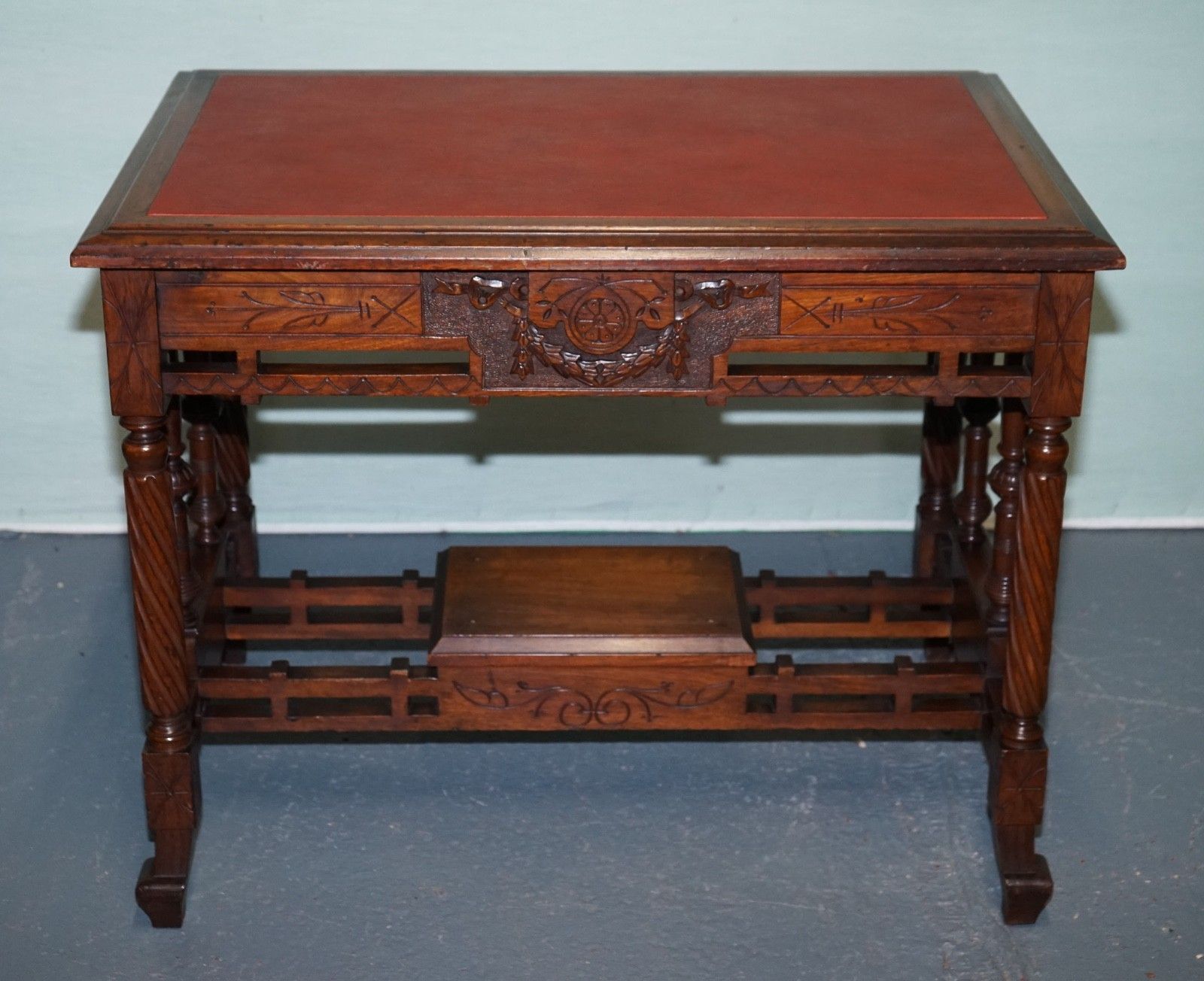 Late 19th Century Continental Carved Walnut Writing Table Leather Inlay Top photo vinterior