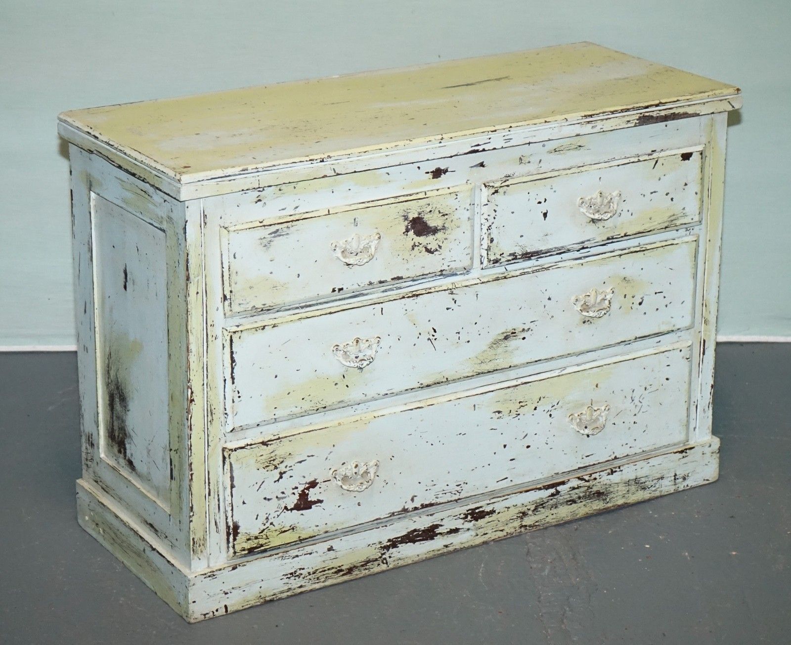 Antique Hand Painted Pale Pine Green Three Drawer Chest Of Drawers photo furniture