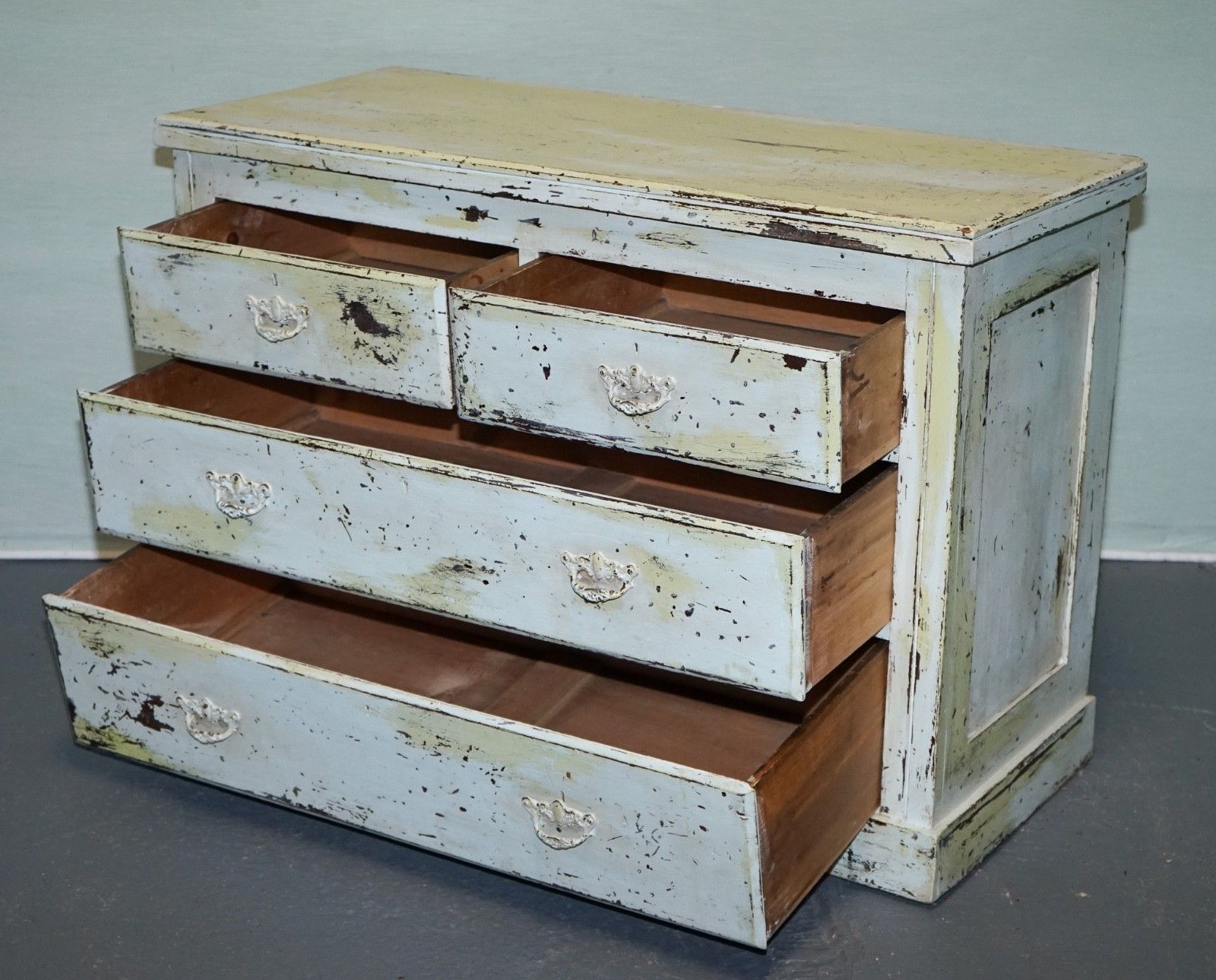 Antique Hand Painted Pale Pine Green Three Drawer Chest Of Drawers photo Furniture