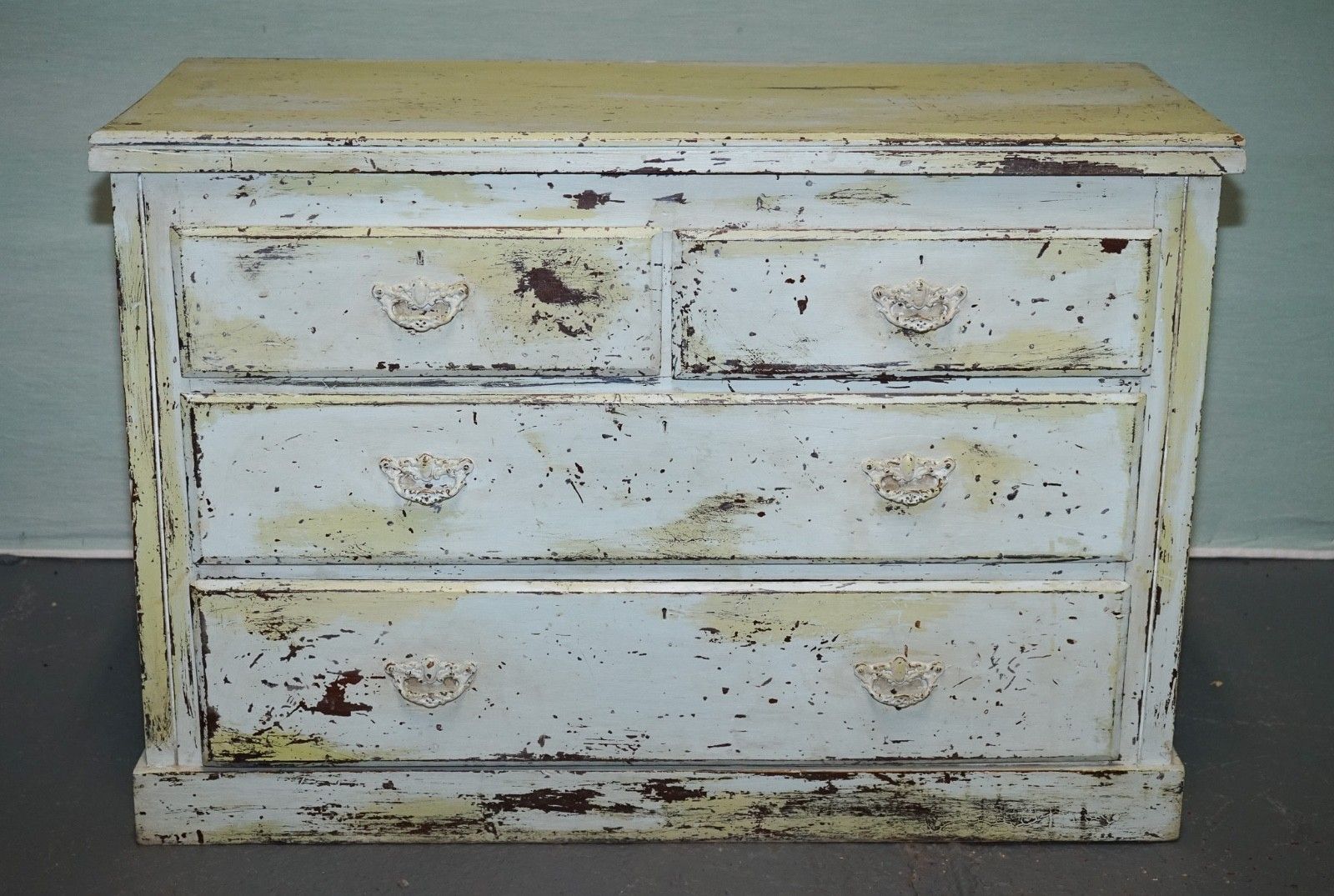 Antique Hand Painted Pale Pine Green Three Drawer Chest Of Drawers photo 1750.0