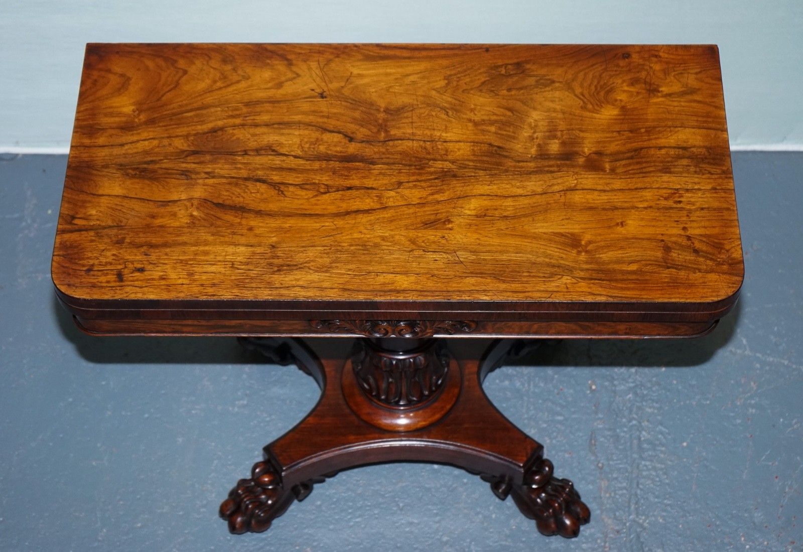 photo for sale Antique 1830s William IV Folding Pedestal Card Game Table Carved Paw Base