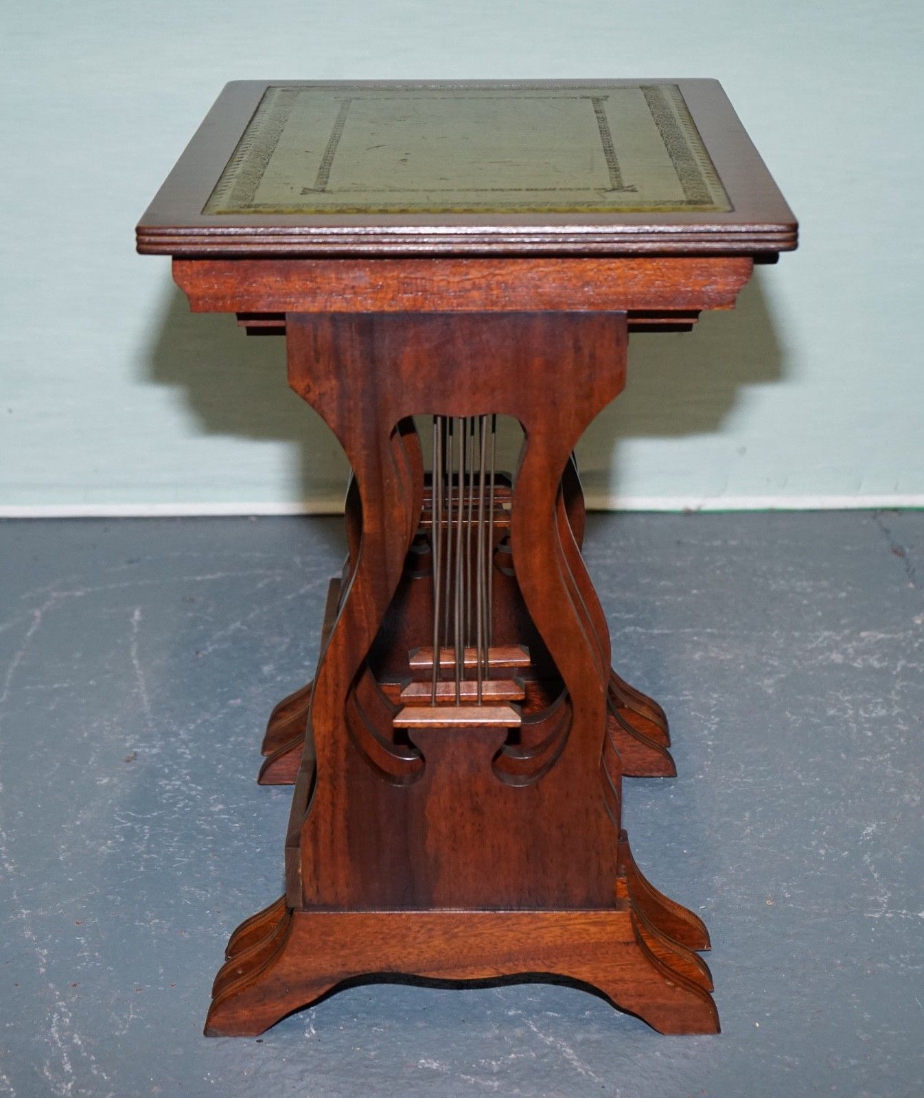 photo for sale Vintage Lyre Base Green Leather Top Nest Of Tables Side Tables