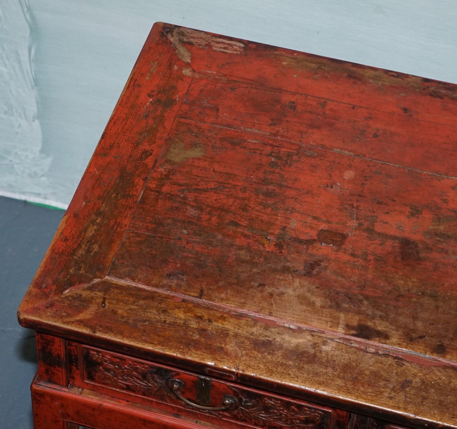 photo for sale 1800 Antique Qing Dynasty Lacquered Oriental Chinese Console Table Carved Floral