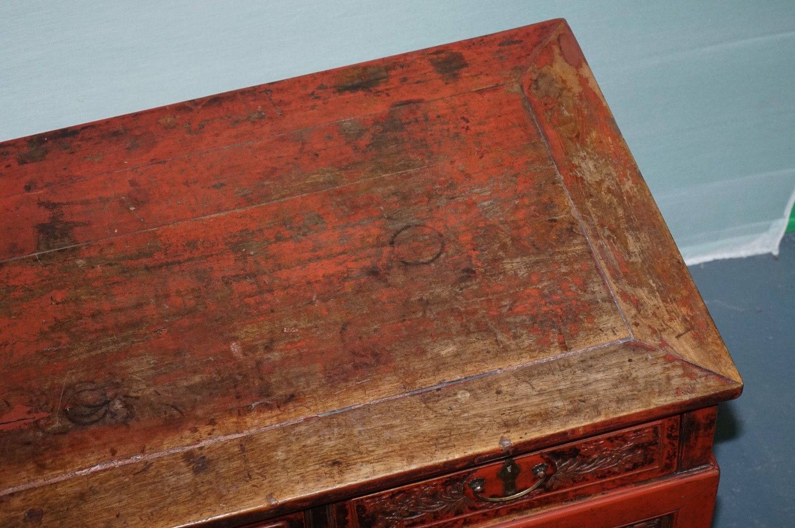 Furniture 1800 Antique Qing Dynasty Lacquered Oriental Chinese Console Table Carved Floral photo