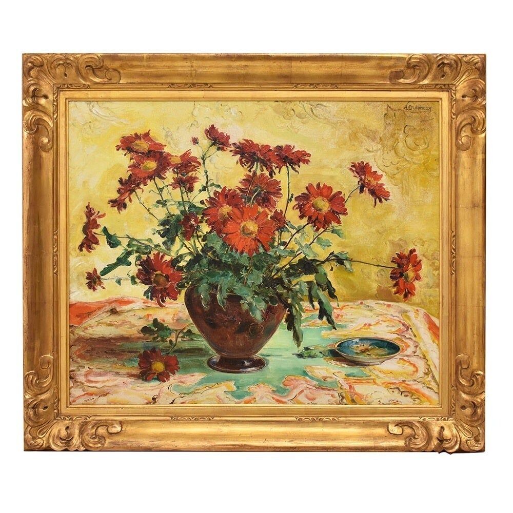 Art Deco Still Life Painting, Red Daisies Flowers, Oil On Canvas,  XX