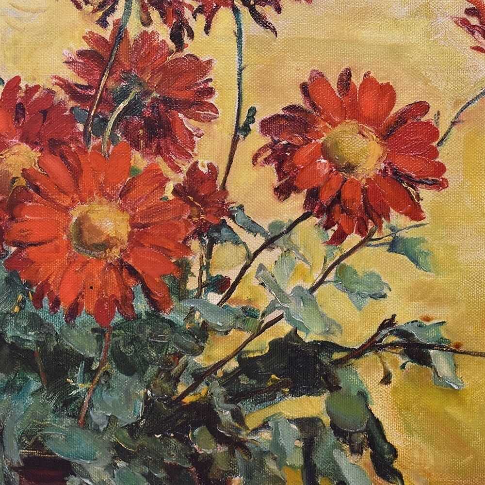 Art Deco Still Life Painting, Red Daisies Flowers, Oil On Canvas,  XX photo 1800.0