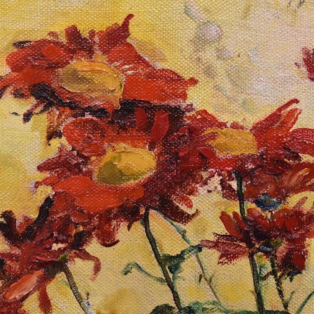 Art Deco Still Life Painting, Red Daisies Flowers, Oil On Canvas,  XX photo vinterior