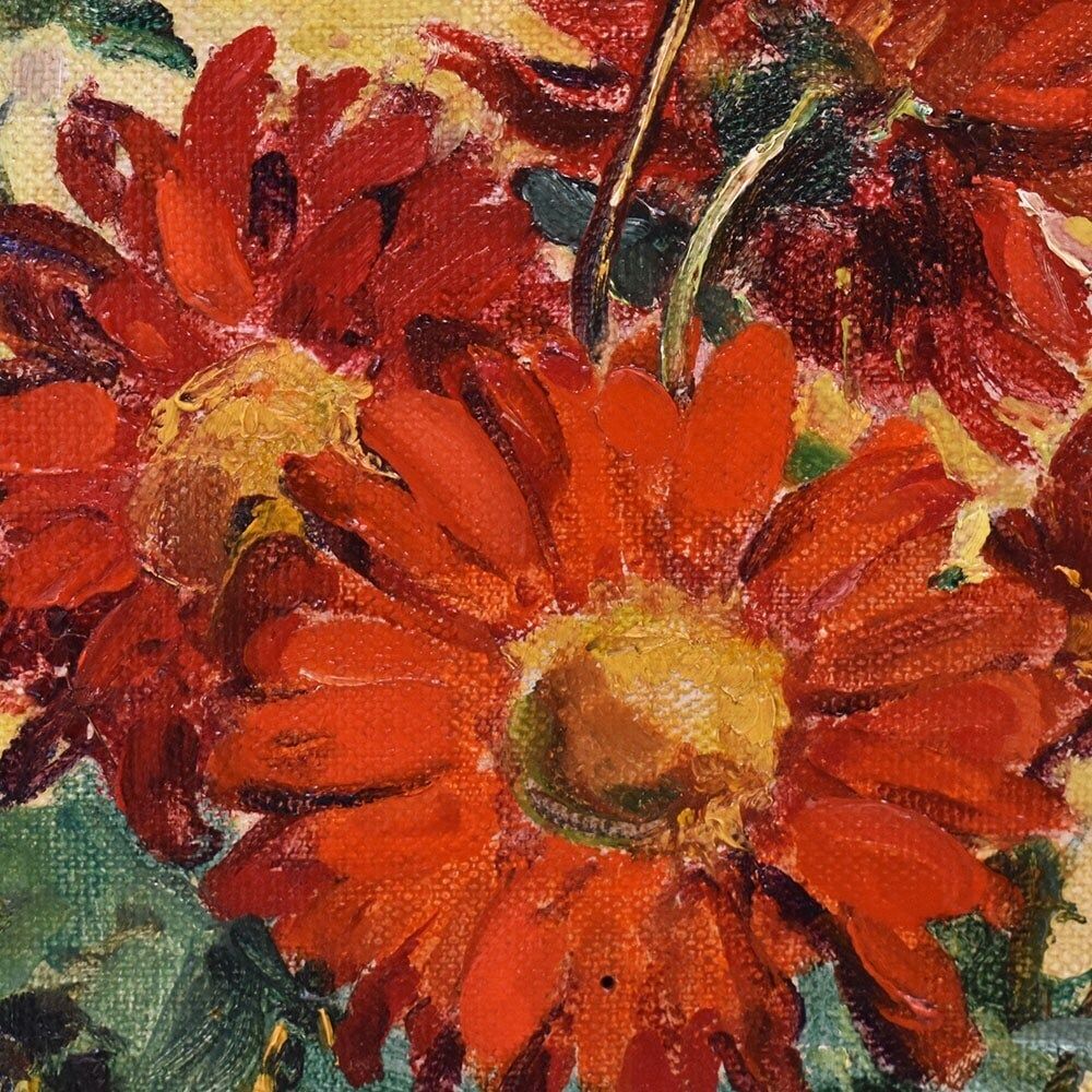 Art Deco Still Life Painting, Red Daisies Flowers, Oil On Canvas,  XX photo buy