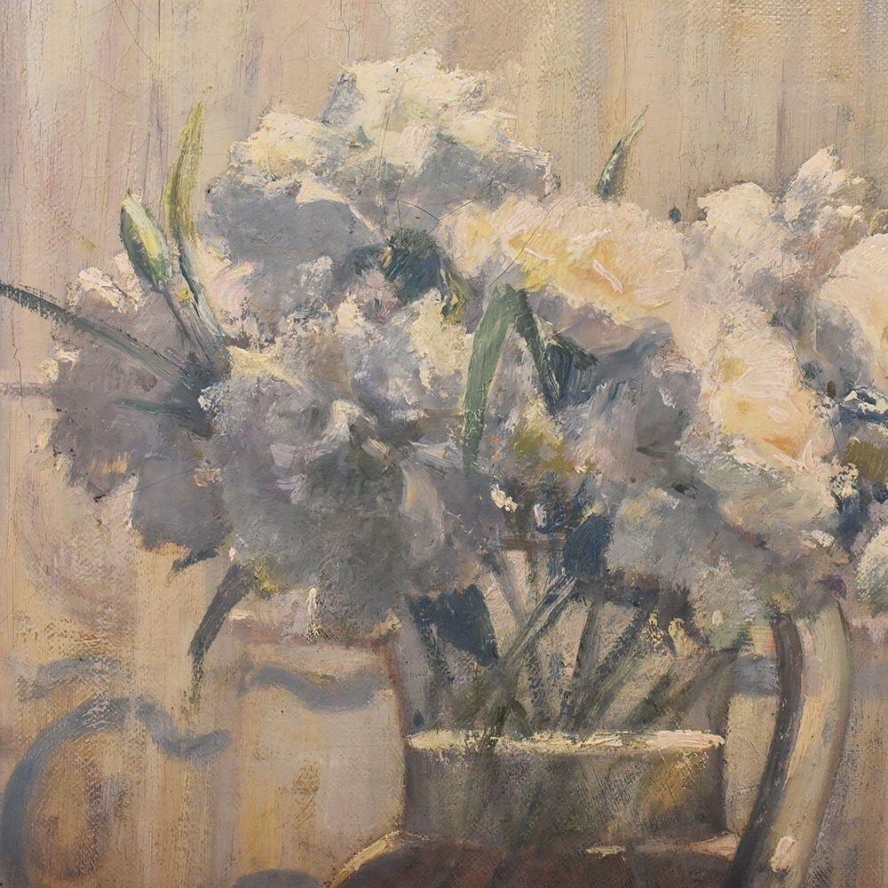 Antique Flower Painting, Carnations Flowers, Oil On Canvas, Early 20th Century. photo 1800.0
