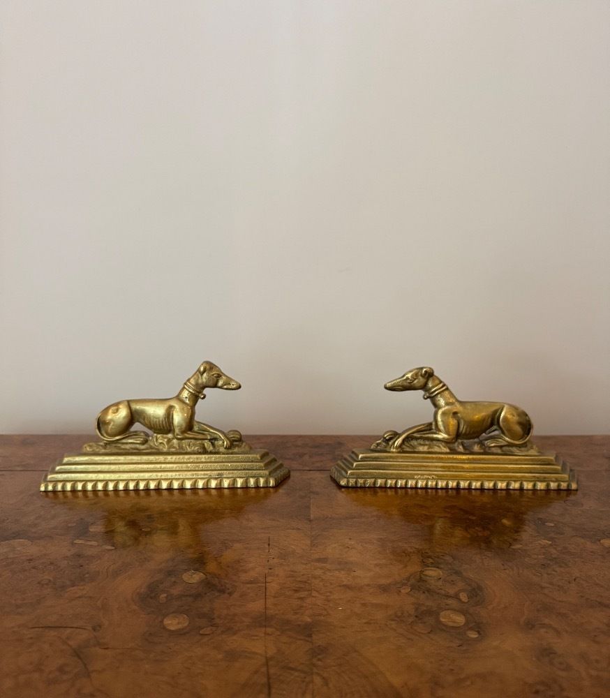 Unusual Pair Of Antique Brass Greyhound Fire Dogs
