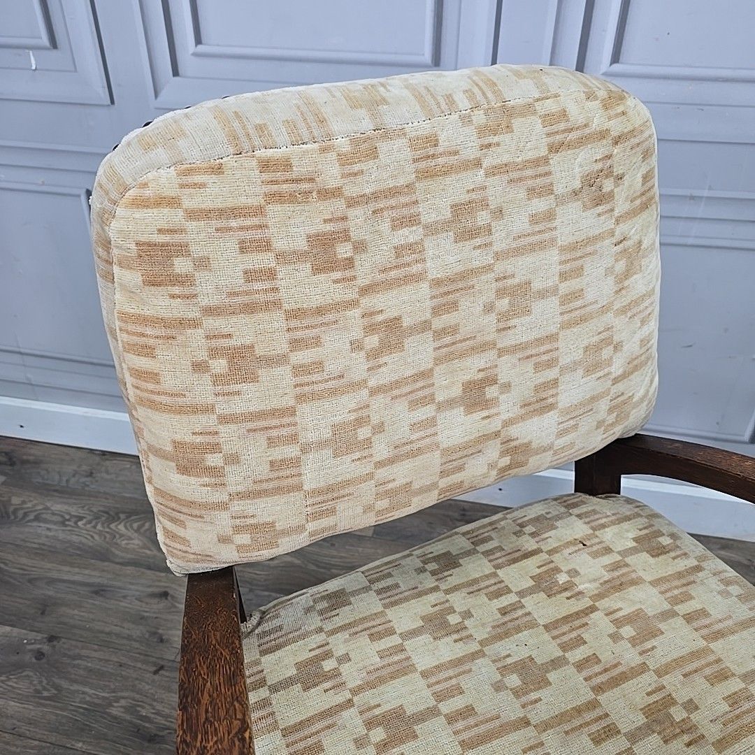 Antique Oak Armchair – Arts & Crafts Style – Upholstered & Carved Wooden Chair photo for sale
