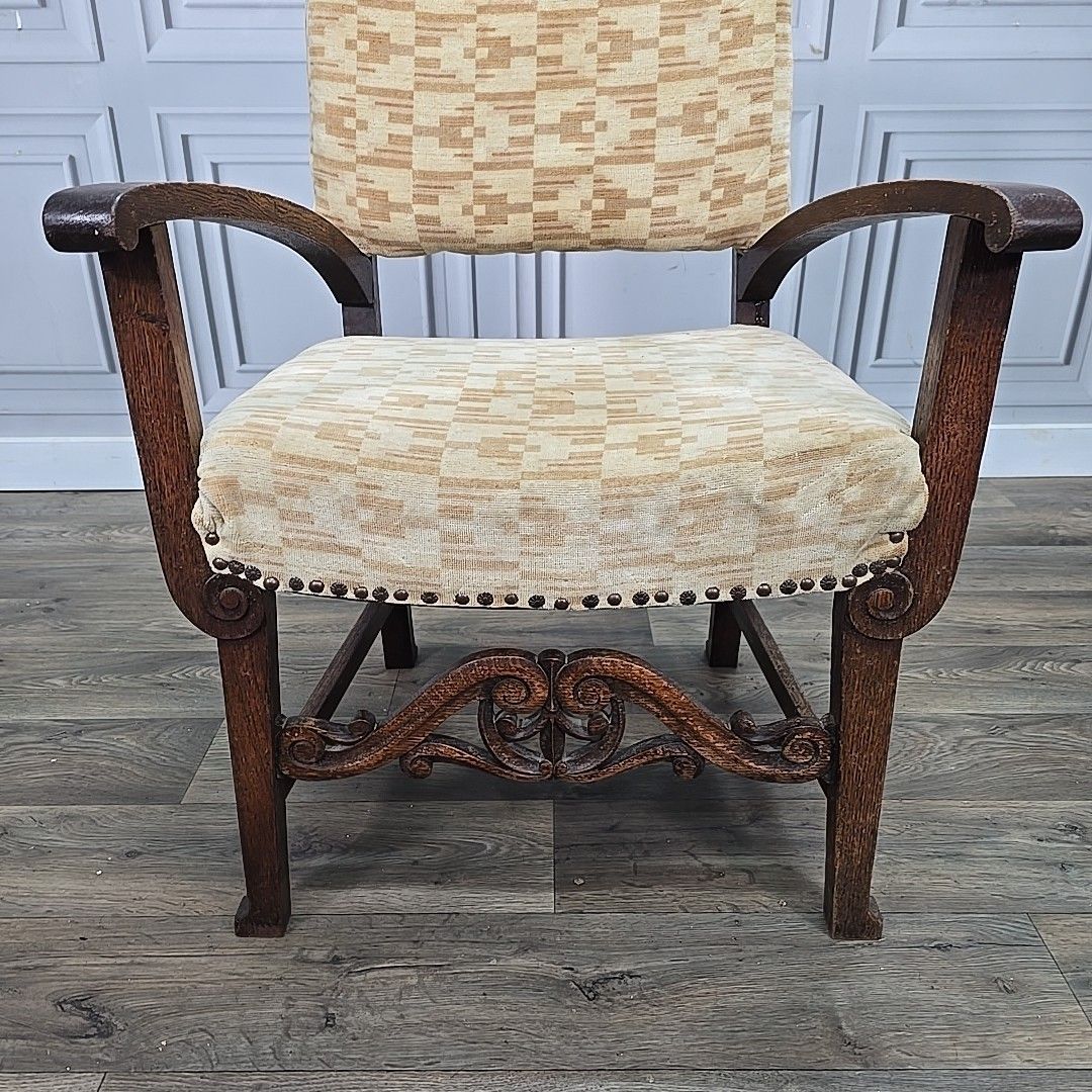 Antique Oak Armchair – Arts & Crafts Style – Upholstered & Carved Wooden Chair photo Furniture