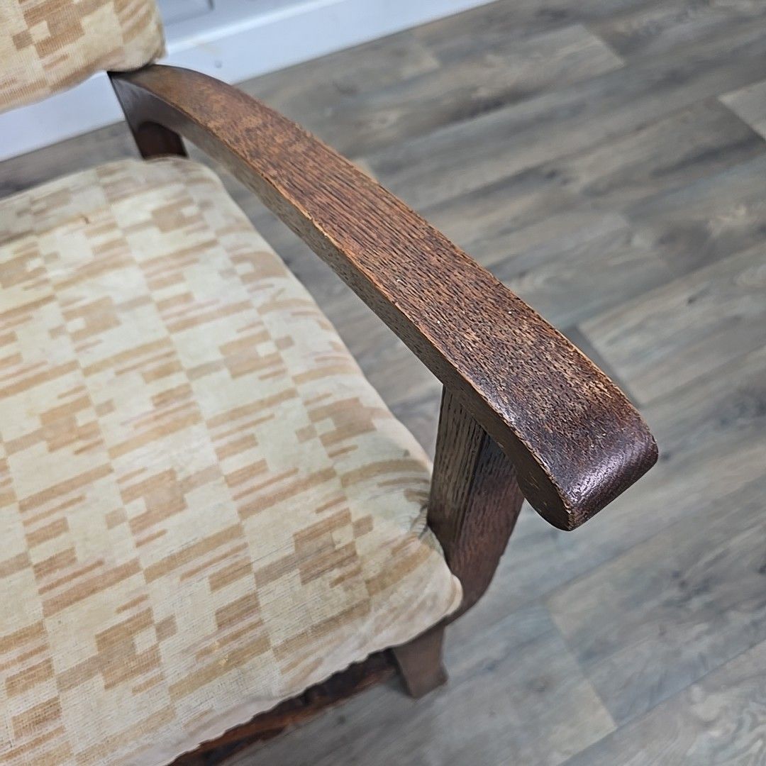 Antique Oak Armchair – Arts & Crafts Style – Upholstered & Carved Wooden Chair photo vintage