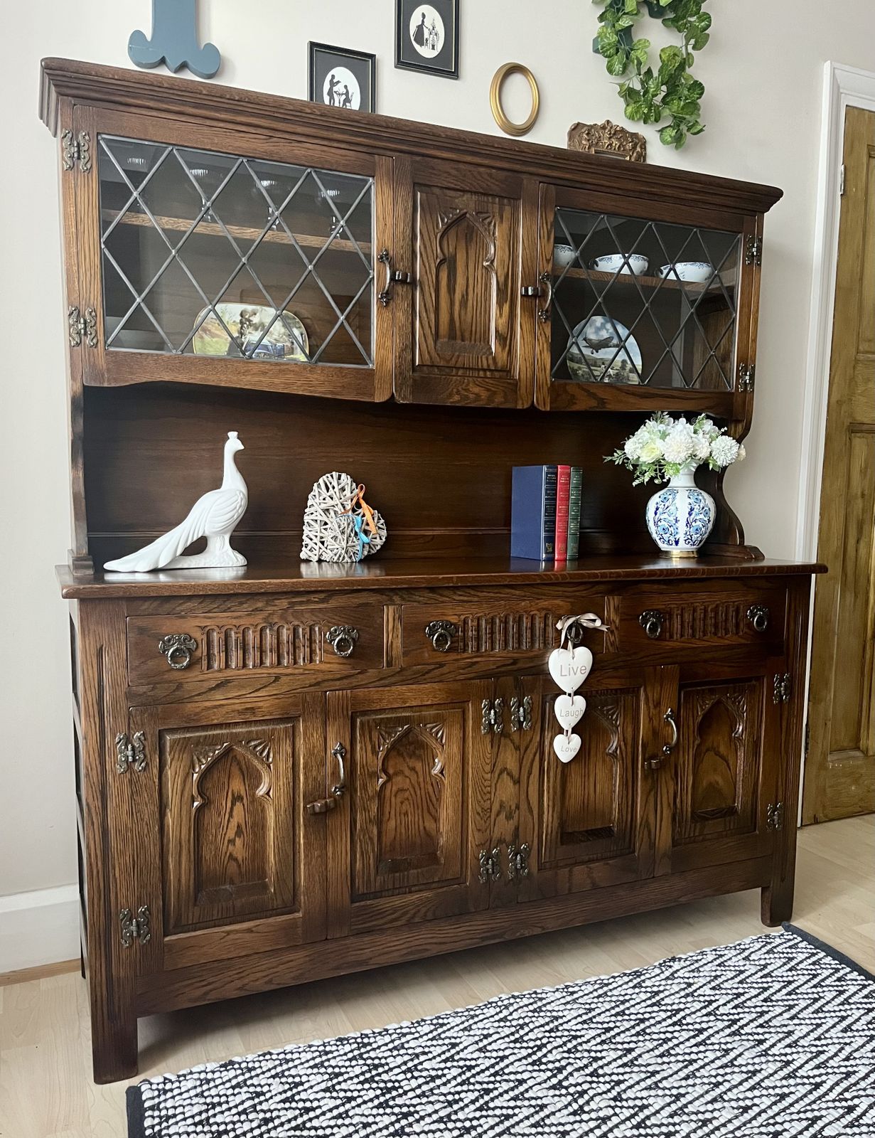 Restored Vintage Webber Dresser | Dark Oak China Cabinet | French Country Buffet Hutch