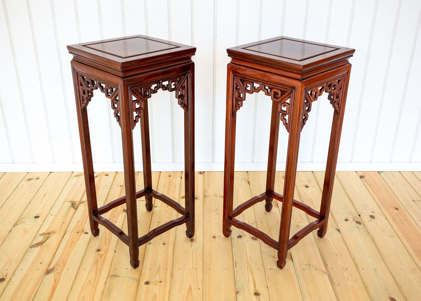 Chinese Hardwood Plant Stands Side Tables Pair Lamp Tables Hongmu Antiqu.E Qing Oriental Pierce Carved Humpback Open Fretwork photo buy