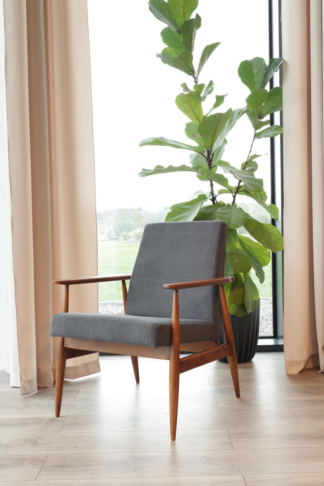 Lounge Chair Corduroy Dark Graphite Vintage Turned Legs Velvet Upholstery