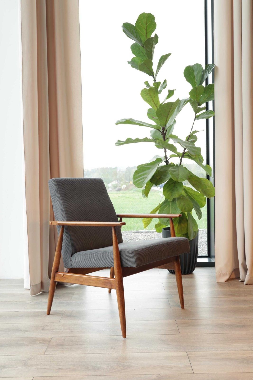 Lounge Chair Corduroy Dark Graphite Vintage Turned Legs Velvet Upholstery photo furniture