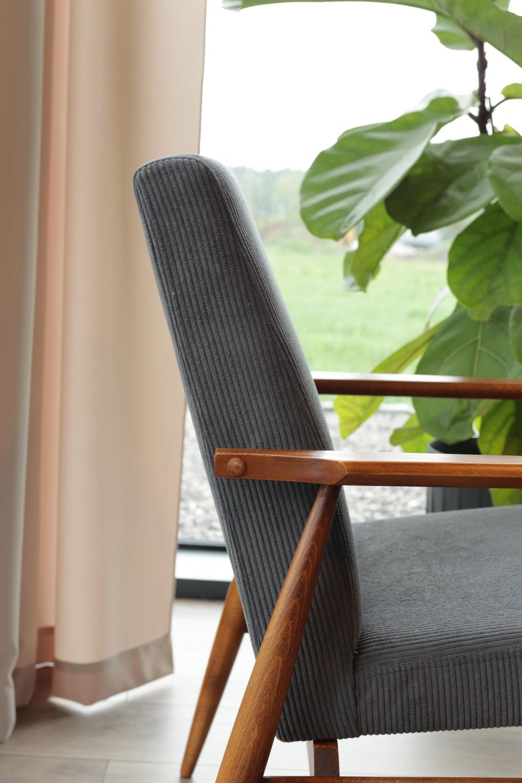 Lounge Chair Corduroy Dark Graphite Vintage Turned Legs Velvet Upholstery photo vintage