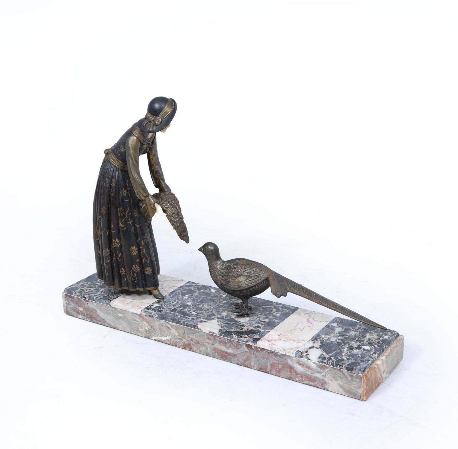 Art Deco Sculpture With Marble Base– Woman With Pheasant photo vintage