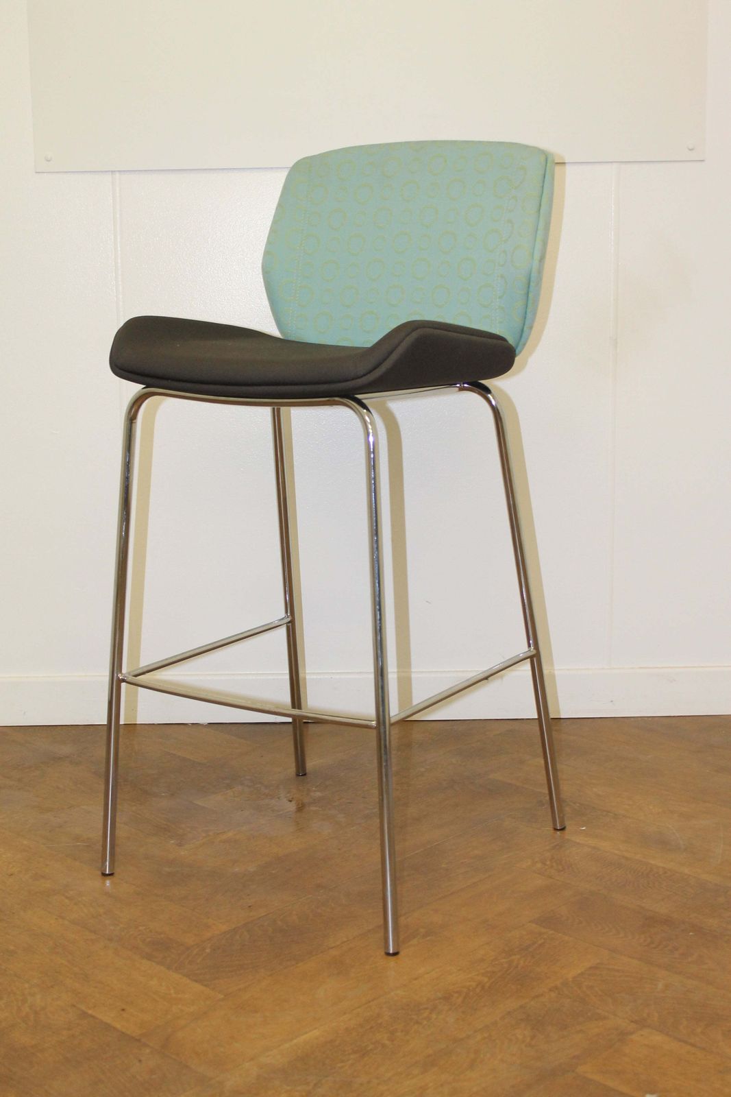 A Pair Of Boss Design Kruze Stool With Patterned Turquoise Cloth Back Brown Cloth Seat