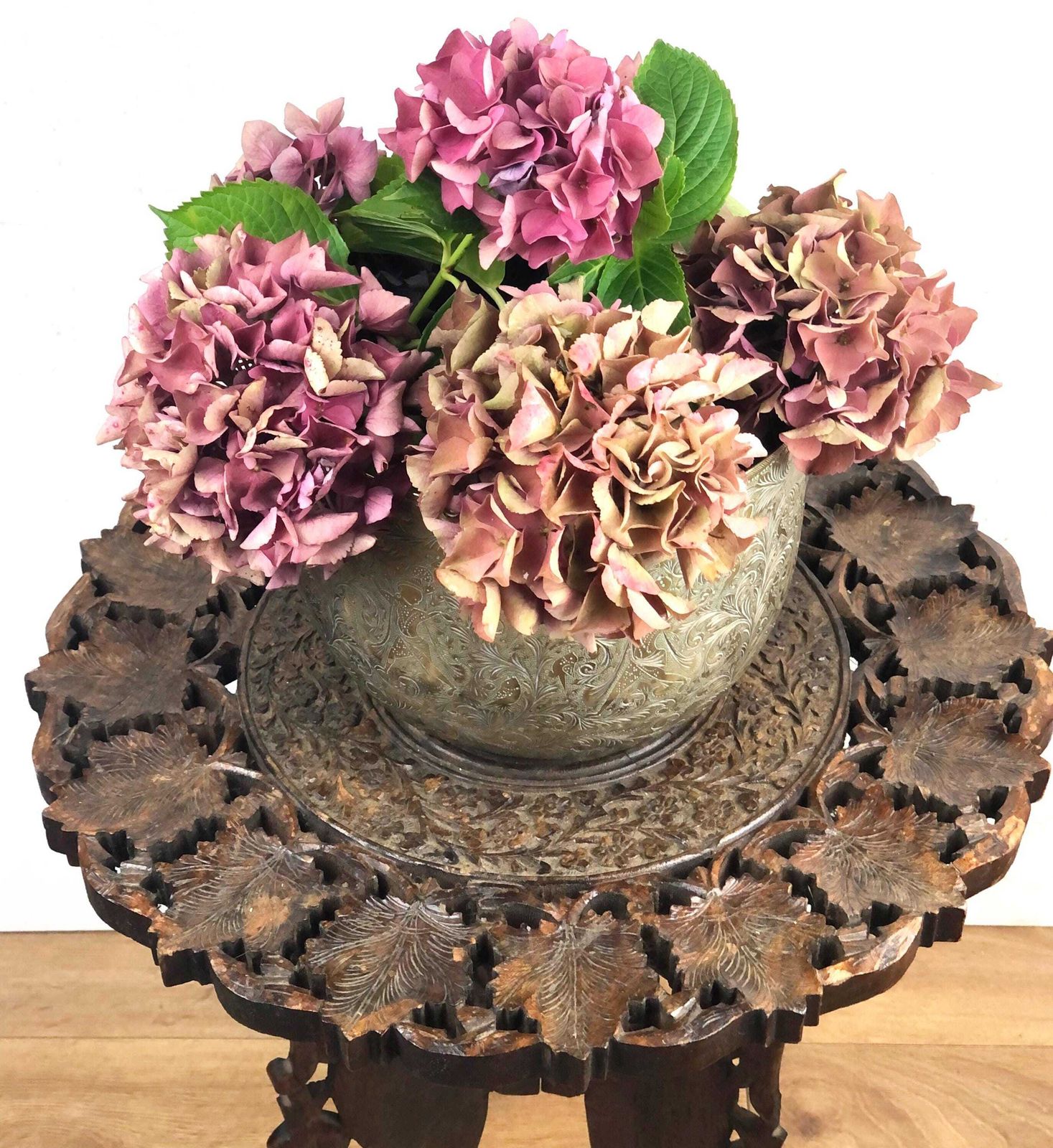 Vintage Round Indian Side Table Small Ornate Hand Carved Tea Table Indian Teak Side Table Inlay Top Anglo Indian Style Carved End Table photo buy