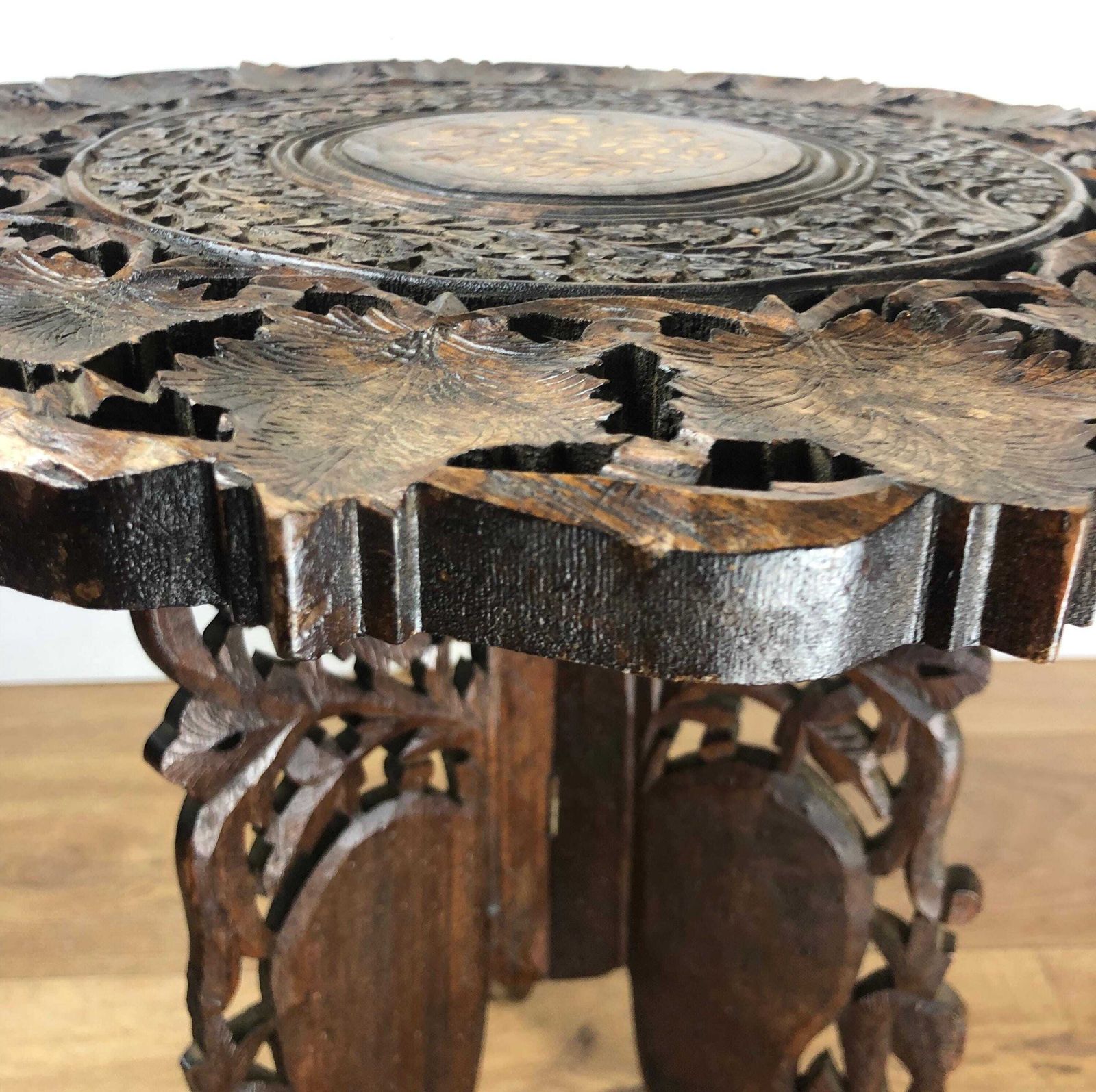 Vintage Round Indian Side Table Small Ornate Hand Carved Tea Table Indian Teak Side Table Inlay Top Anglo Indian Style Carved End Table photo vintage