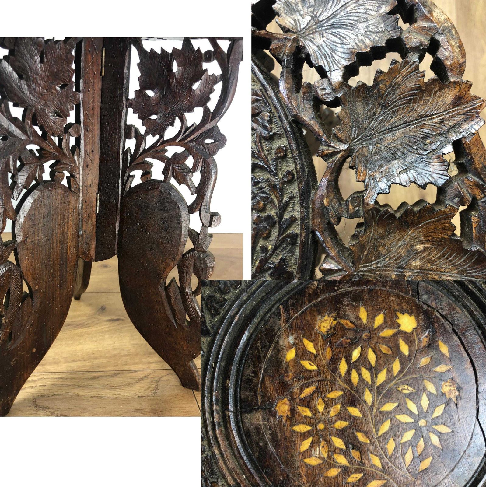 photo furniture Vintage Round Indian Side Table Small Ornate Hand Carved Tea Table Indian Teak Side Table Inlay Top Anglo Indian Style Carved End Table