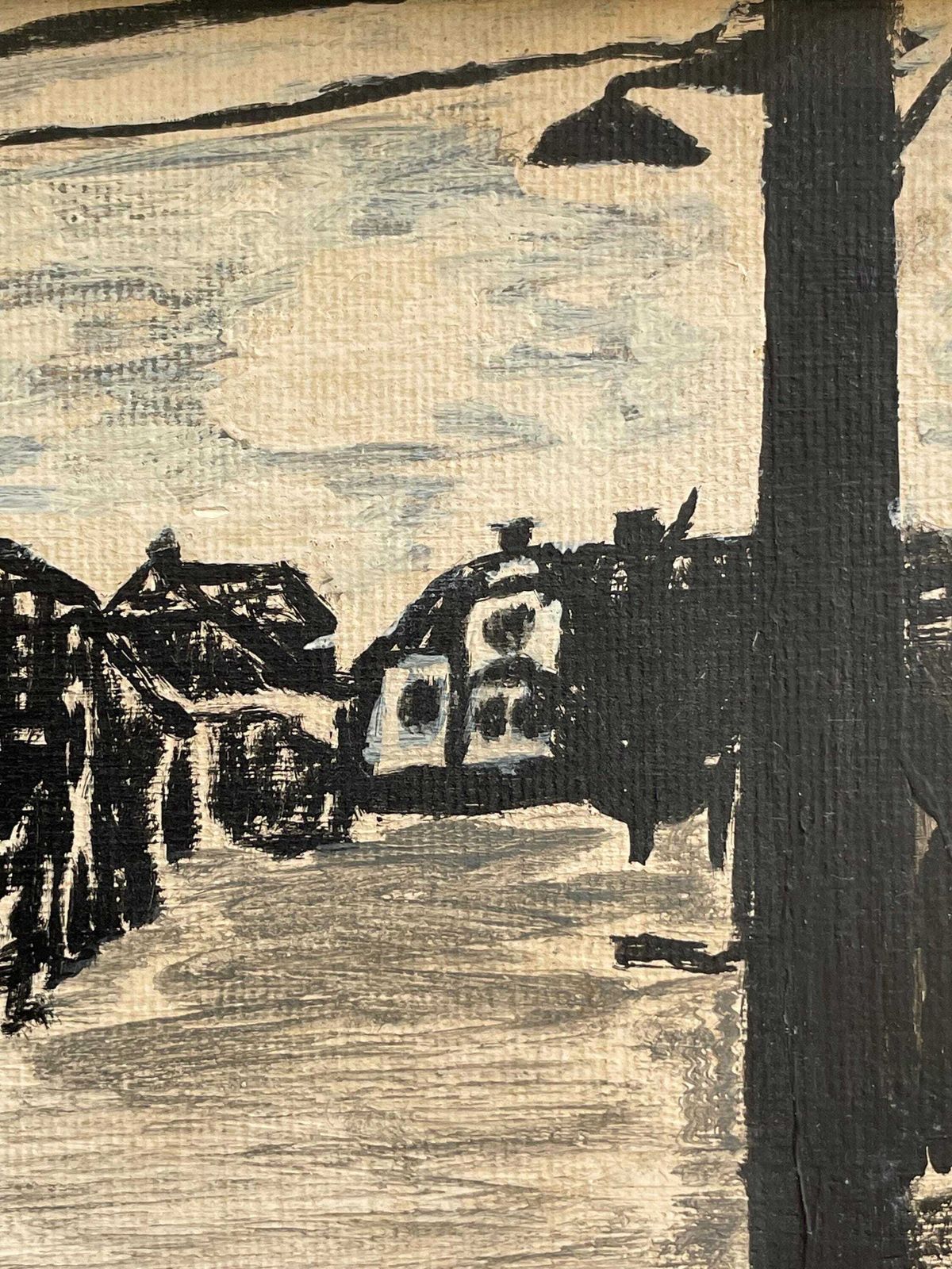 Antique Danish Black And White Oil On Plate Painting With Motive Of City Street In Ebberup, Denmark photo vinterior