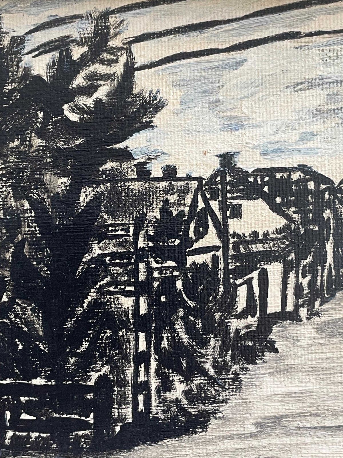Antique Danish Black And White Oil On Plate Painting With Motive Of City Street In Ebberup, Denmark photo buy